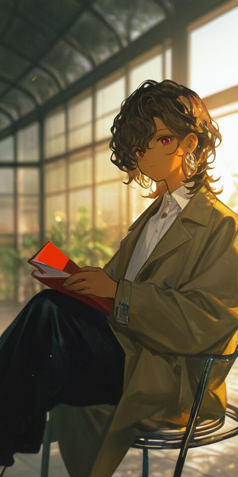 An anime-style illustration of a young woman with dark skin and a brown coat, sitting on a metal chair inside a sunny greenhouse and holding a red book.