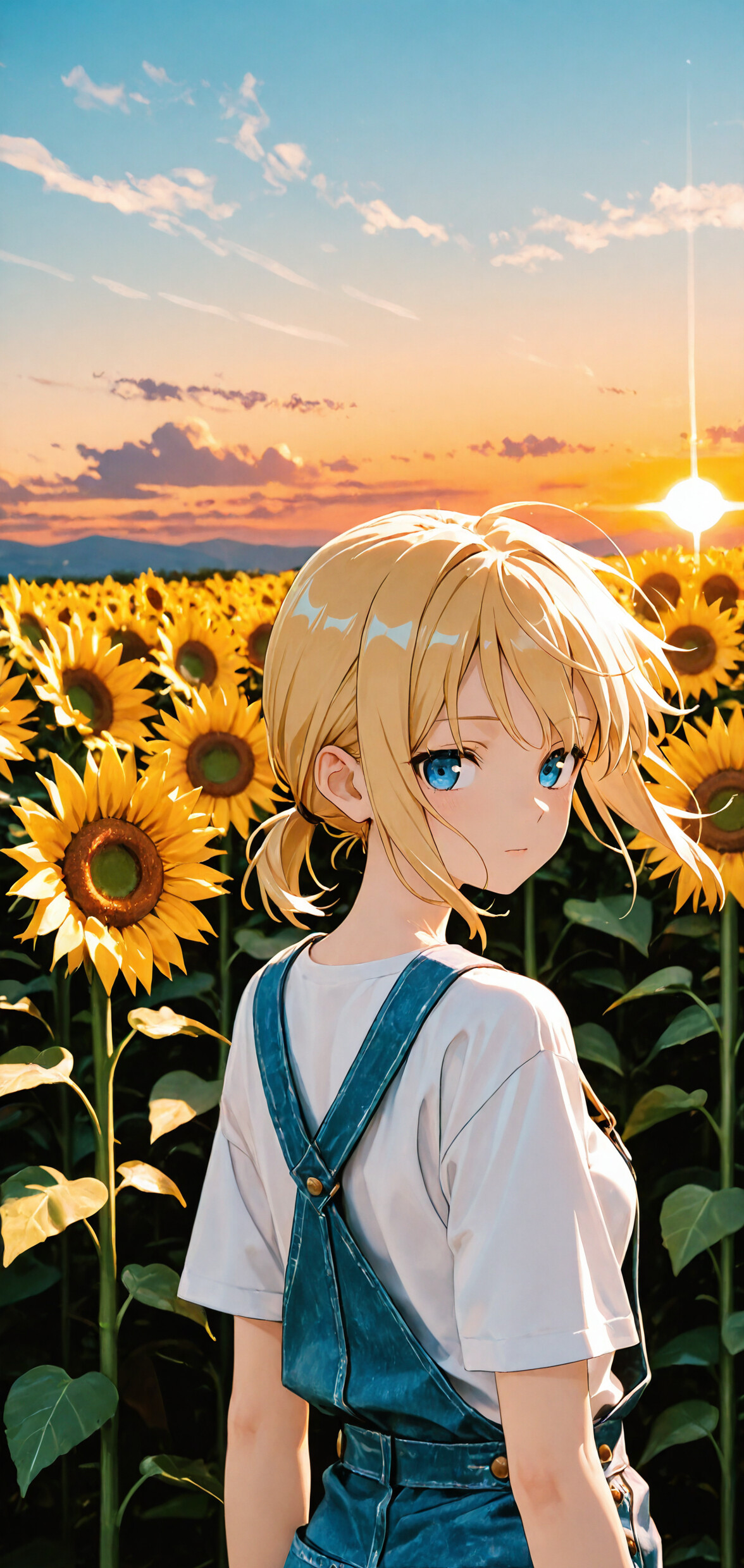 An anime girl with short blonde hair and blue eyes, wearing denim overalls and a white shirt, stands in a field of sunflowers at sunset, looking back over her shoulder.