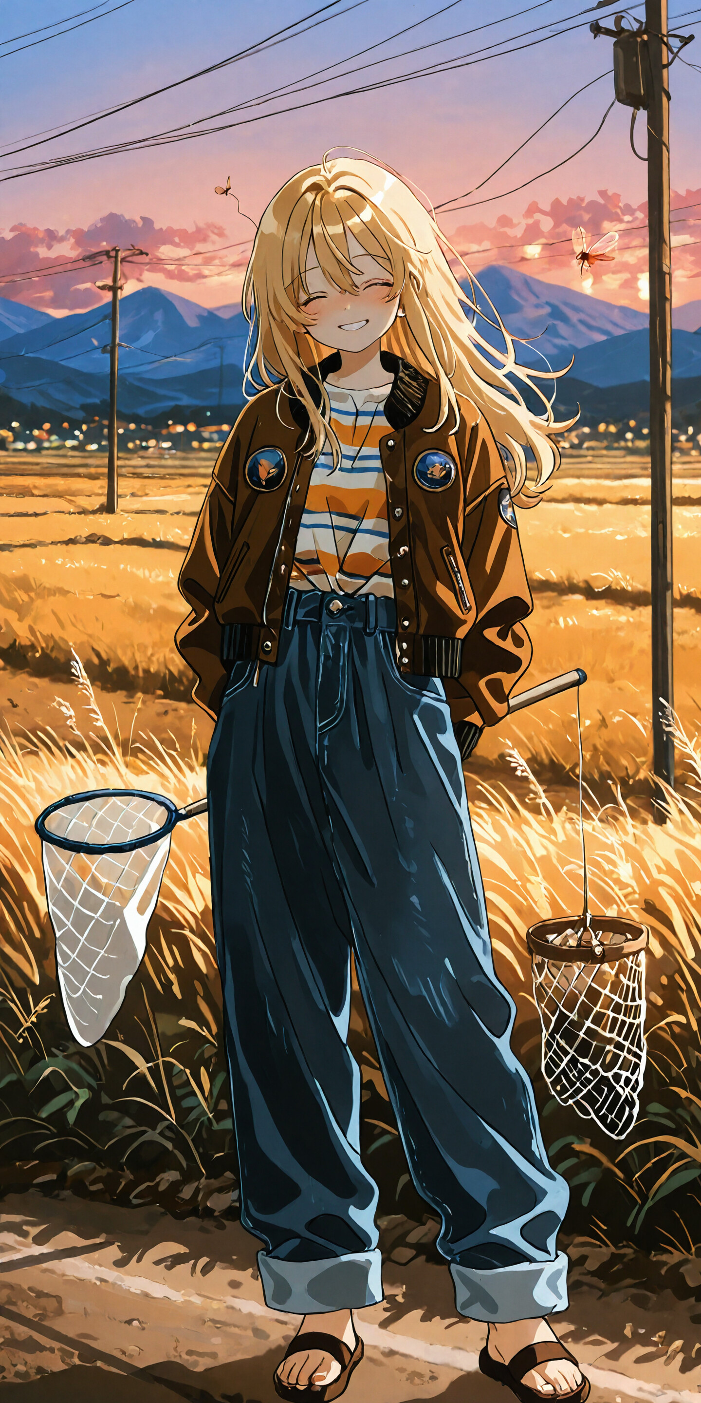 An anime-style illustration of a smiling blonde girl in a brown bomber jacket and baggy jeans, standing on a path in a golden paddy field at sunset, holding a butterfly net.