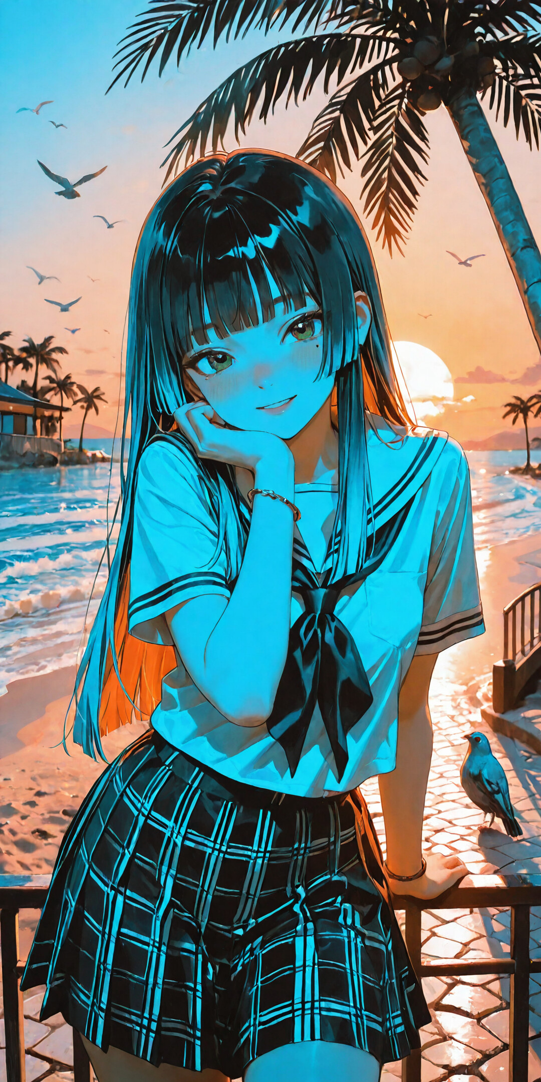An anime-style girl with long blue hair and green eyes, wearing a sailor school uniform, leans on a railing and smiles. The background is a beautiful beach scene with a setting sun, palm trees, and birds flying in the sky.