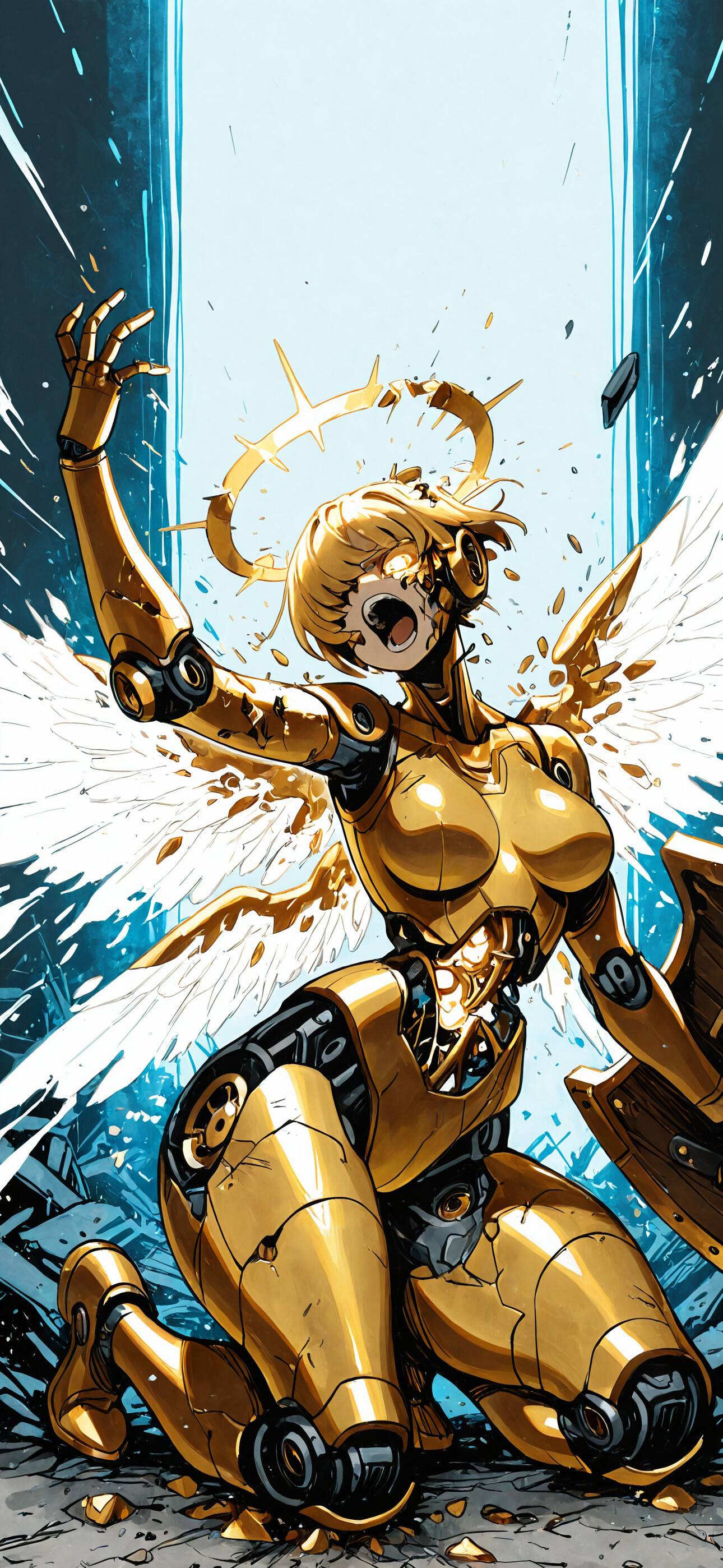 A golden female robot with large angel wings and a halo kneels on one knee in a ruined city, holding a large gun and a shield amidst the wreckage of other robots.