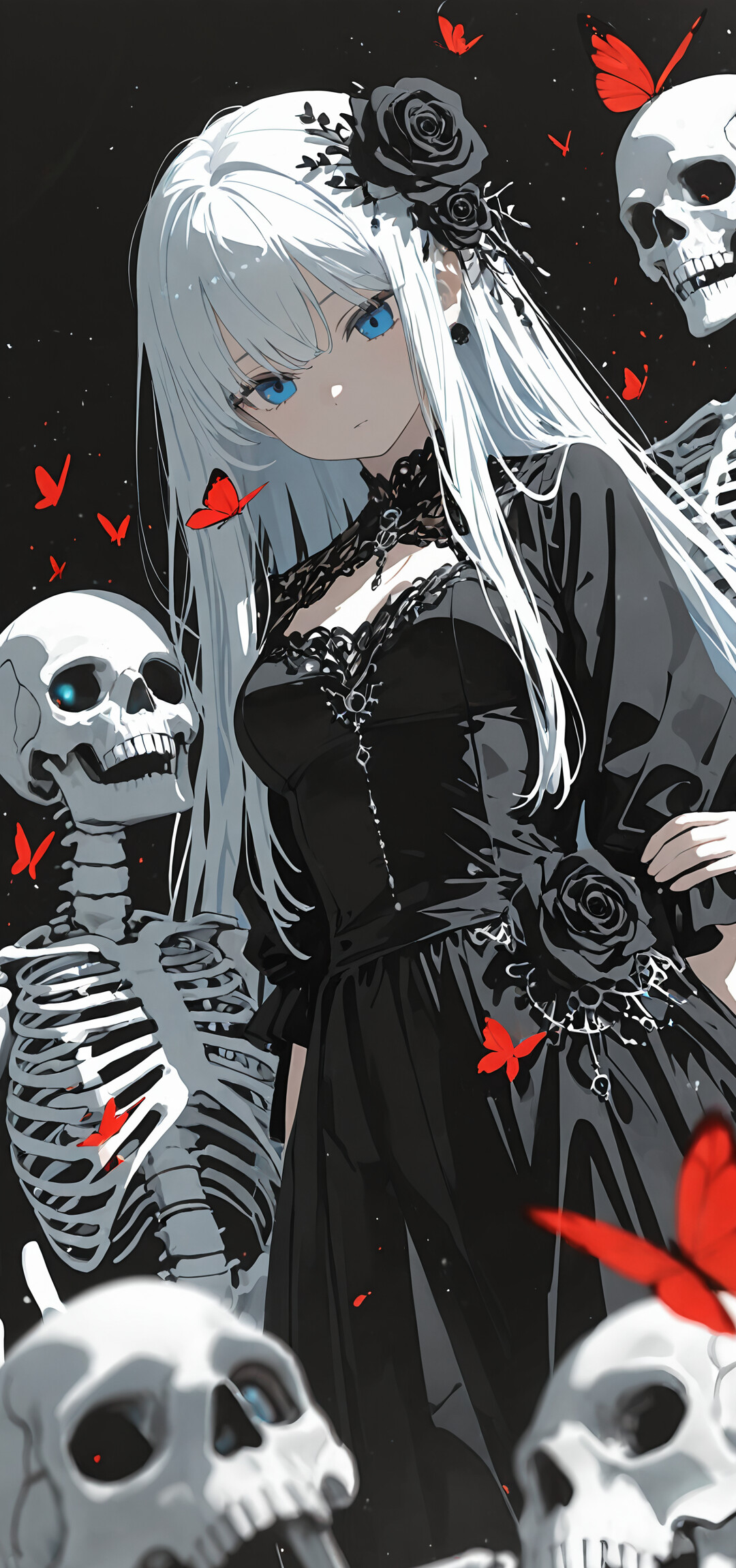 An anime girl with long white hair and blue eyes wears a black gothic dress, standing among white skeletons, skulls, and red roses against a dark background with butterflies.