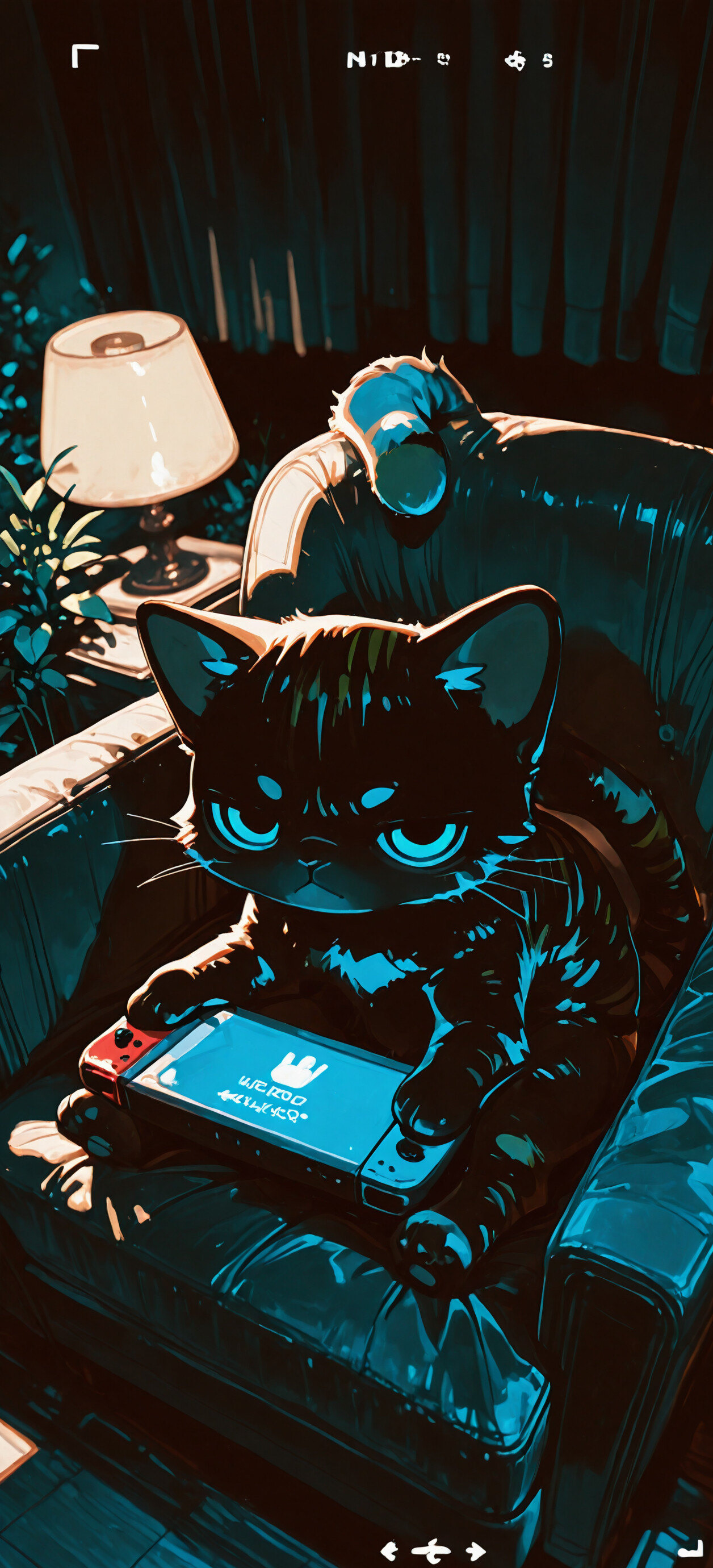An orange tabby cat with a grumpy expression sits in a black armchair in a dimly lit room, intensely playing a handheld video game console. A lamp provides warm light, and another console lies on the floor.