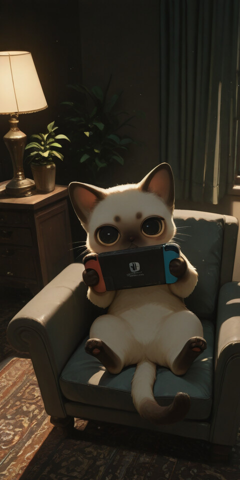 A cartoon Siamese cat with a grumpy expression and big eyes sits in an armchair, intently playing a handheld video game in a dark room illuminated by a single lamp.