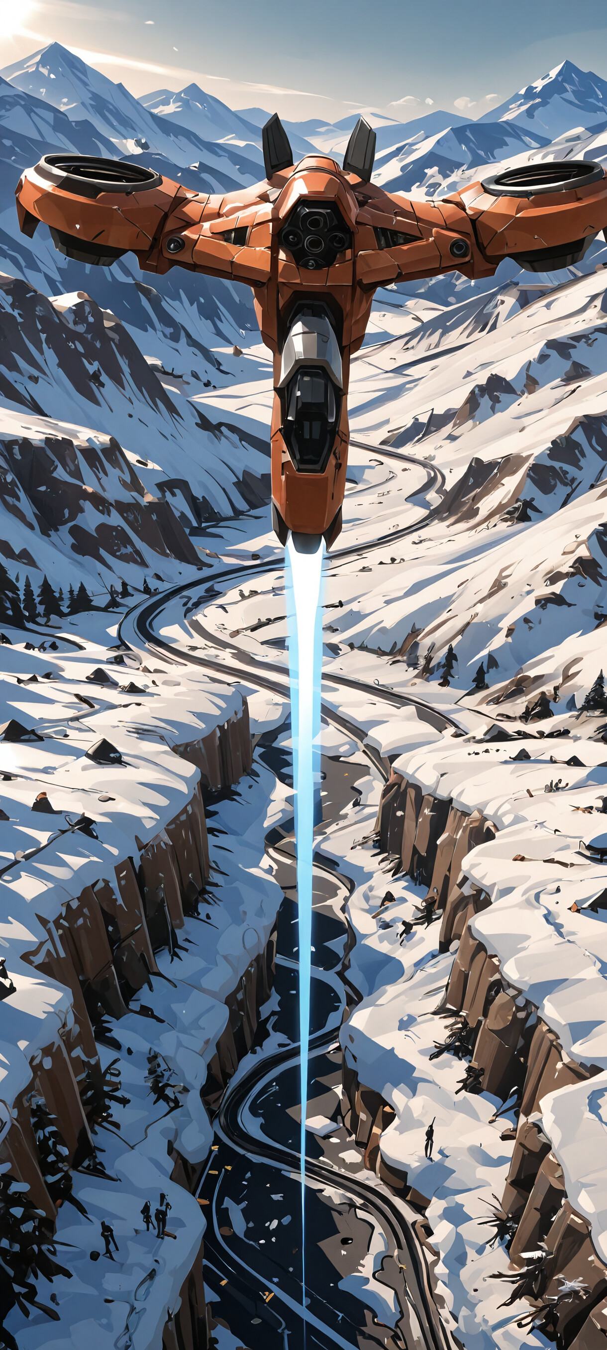 A futuristic AV-14 Hornet gunship from the Halo series flies low over a snow-covered mountain valley where soldiers are engaged in combat near a small outpost.