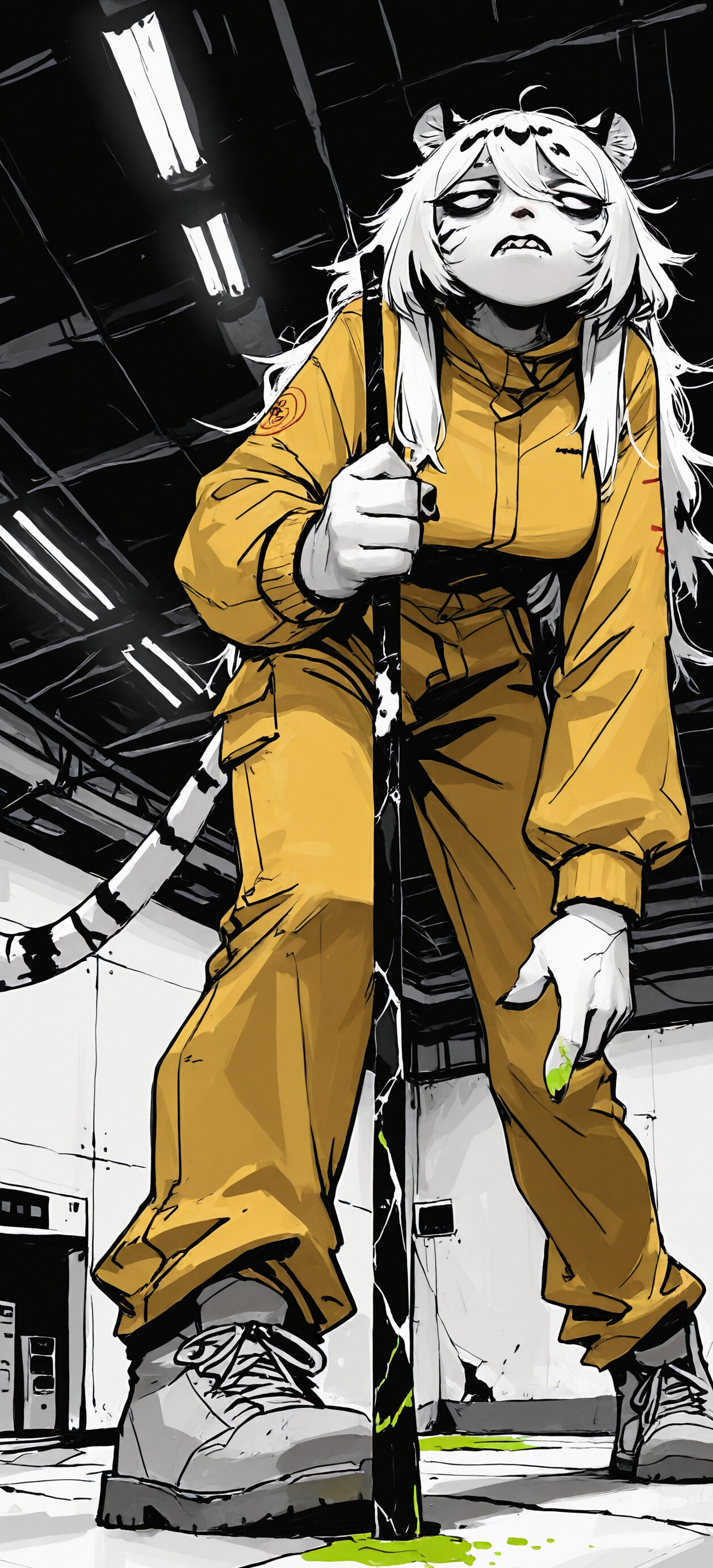 An anime-style illustration of Hannah from Mahjong Soul, a white tiger girl with white hair, wearing a yellow coat and holding a baseball bat in a grim hallway. The shot is from a low angle, making her appear intimidating.