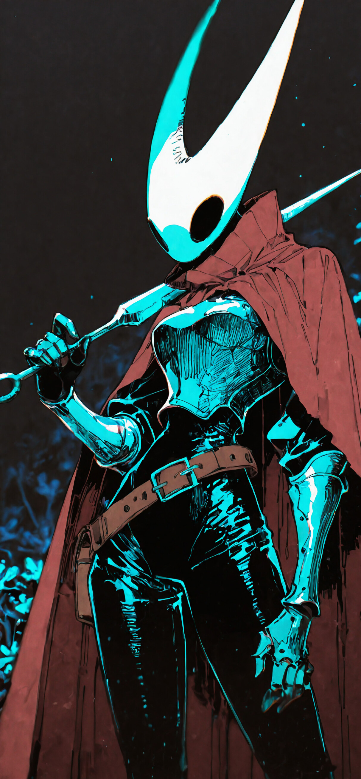 A digital illustration of Hornet from Hollow Knight. She is wearing detailed metallic armor and a red cloak, holding her needle weapon over her shoulder against a dark, starry background.