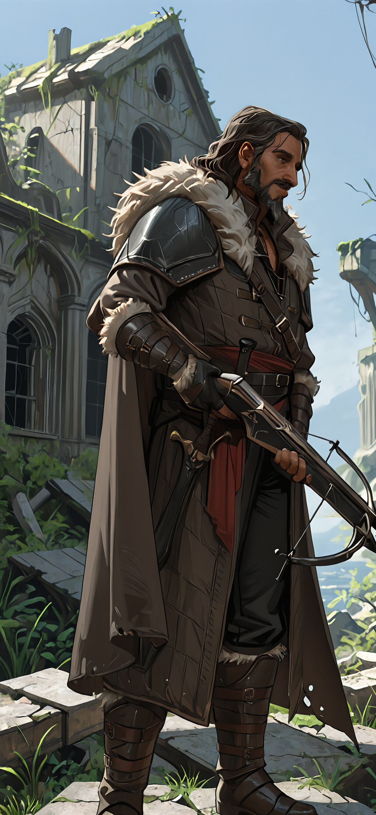 A rugged man with long dark hair and a beard, identified as Ifan ben-Mezd, stands in a ruined city. He wears leather armor with a fur collar and holds a large crossbow, looking off to the side with a serious expression.