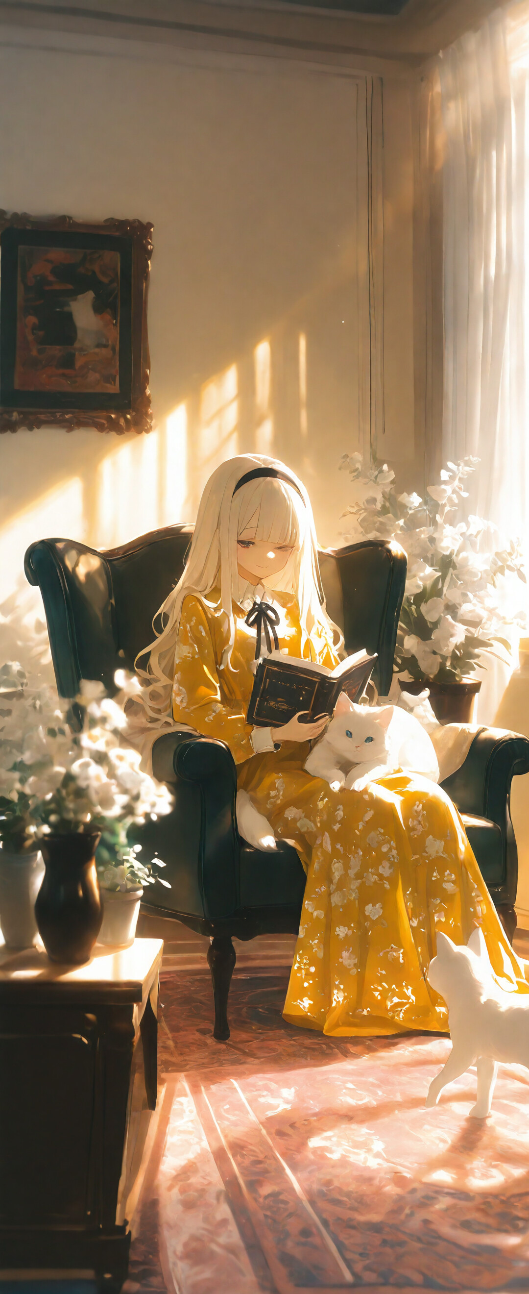 An anime-style illustration of Illustrious from Azur Lane, a young woman with long white hair, sitting in an armchair and reading a book. She wears a yellow dress. Sunlight streams into the room from a window, and a white cat sleeps on the rug beside her.
