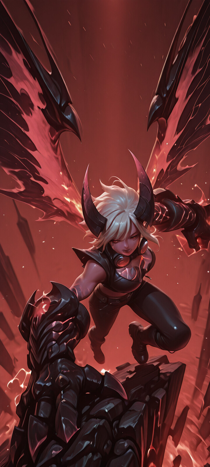 A digital illustration of Demon Vi from League of Legends, a powerful demon girl with white hair, pink skin, large horns, and glowing red wings, lunging forward with a massive gauntlet in a fiery landscape.