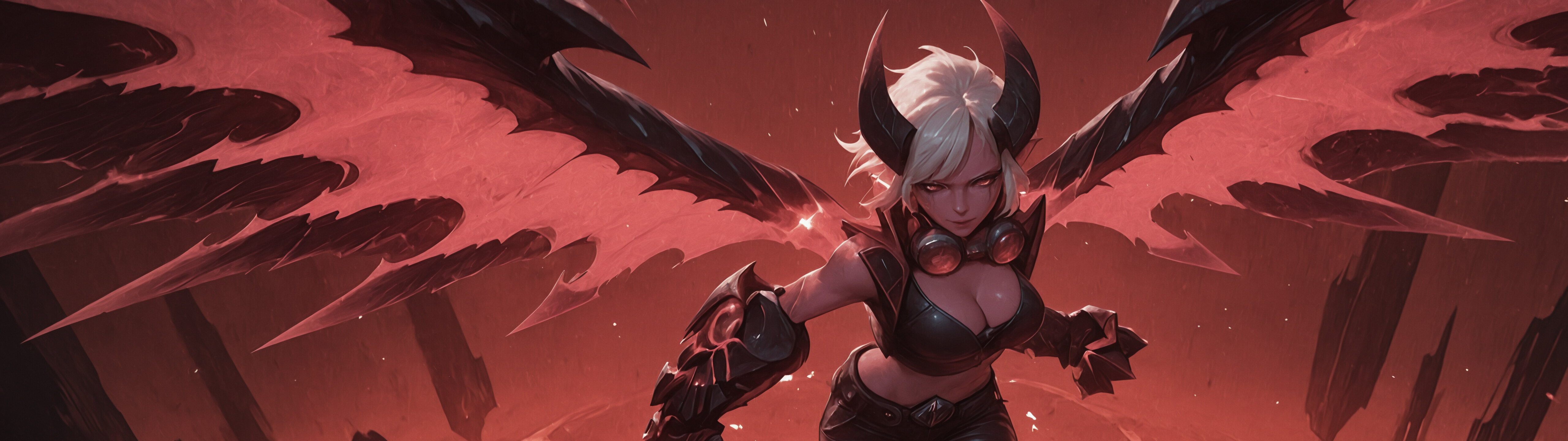 A digital illustration of Demon Vi from League of Legends, a powerful demon girl with white hair, pink skin, large horns, and glowing red wings, lunging forward with a massive gauntlet in a fiery landscape.