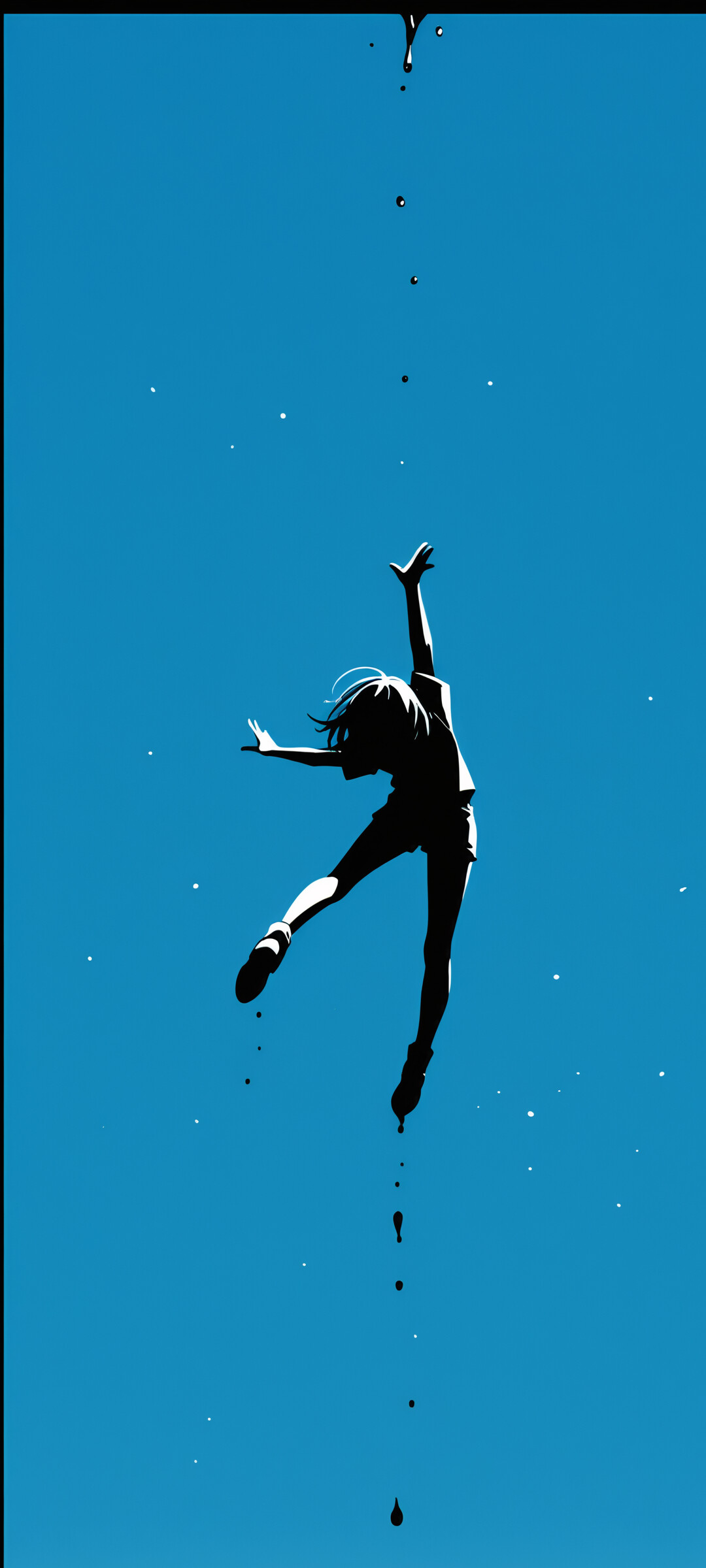 A young anime-style woman with short light hair falling headfirst against a solid blue sky. A large black ink splash originates from above her feet. She wears a t-shirt and shorts and reaches one hand down towards stylized clouds at the bottom of the frame.