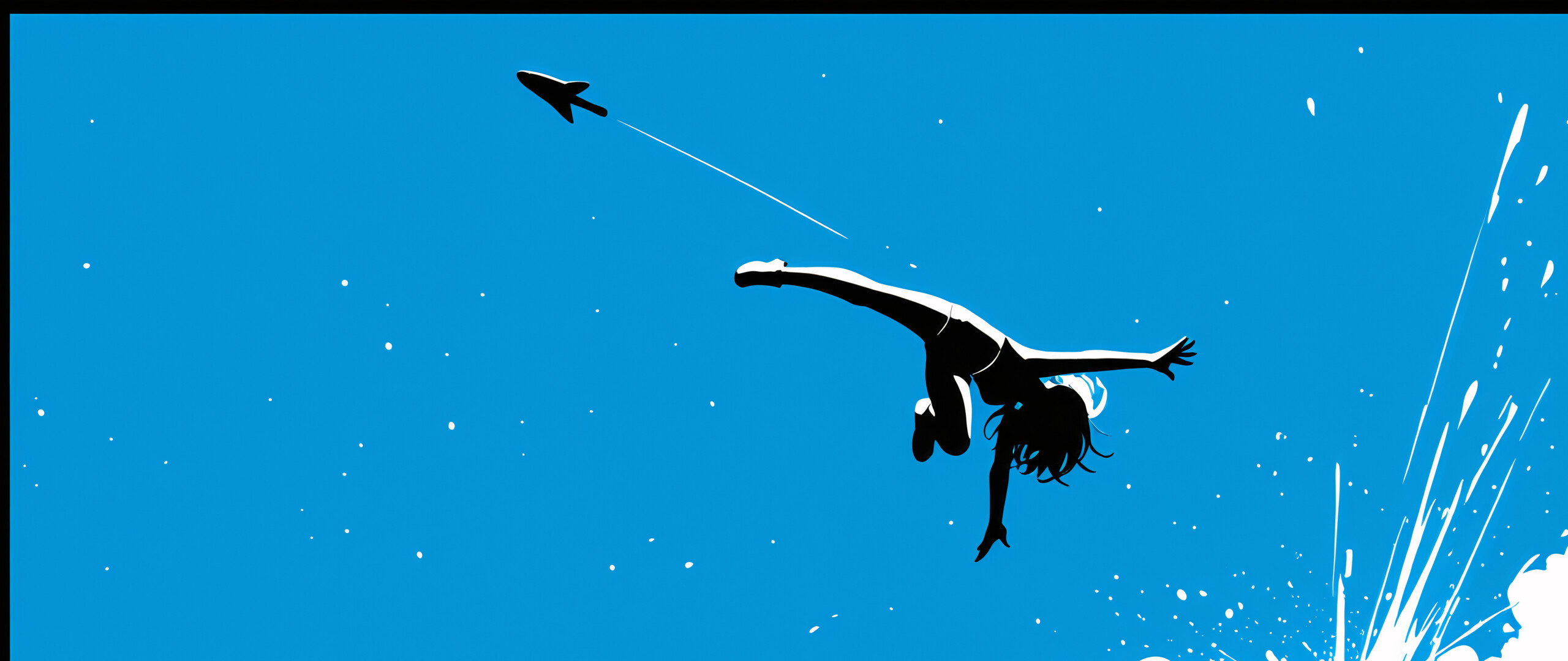 A young anime-style woman with short light hair falling headfirst against a solid blue sky. A large black ink splash originates from above her feet. She wears a t-shirt and shorts and reaches one hand down towards stylized clouds at the bottom of the frame.