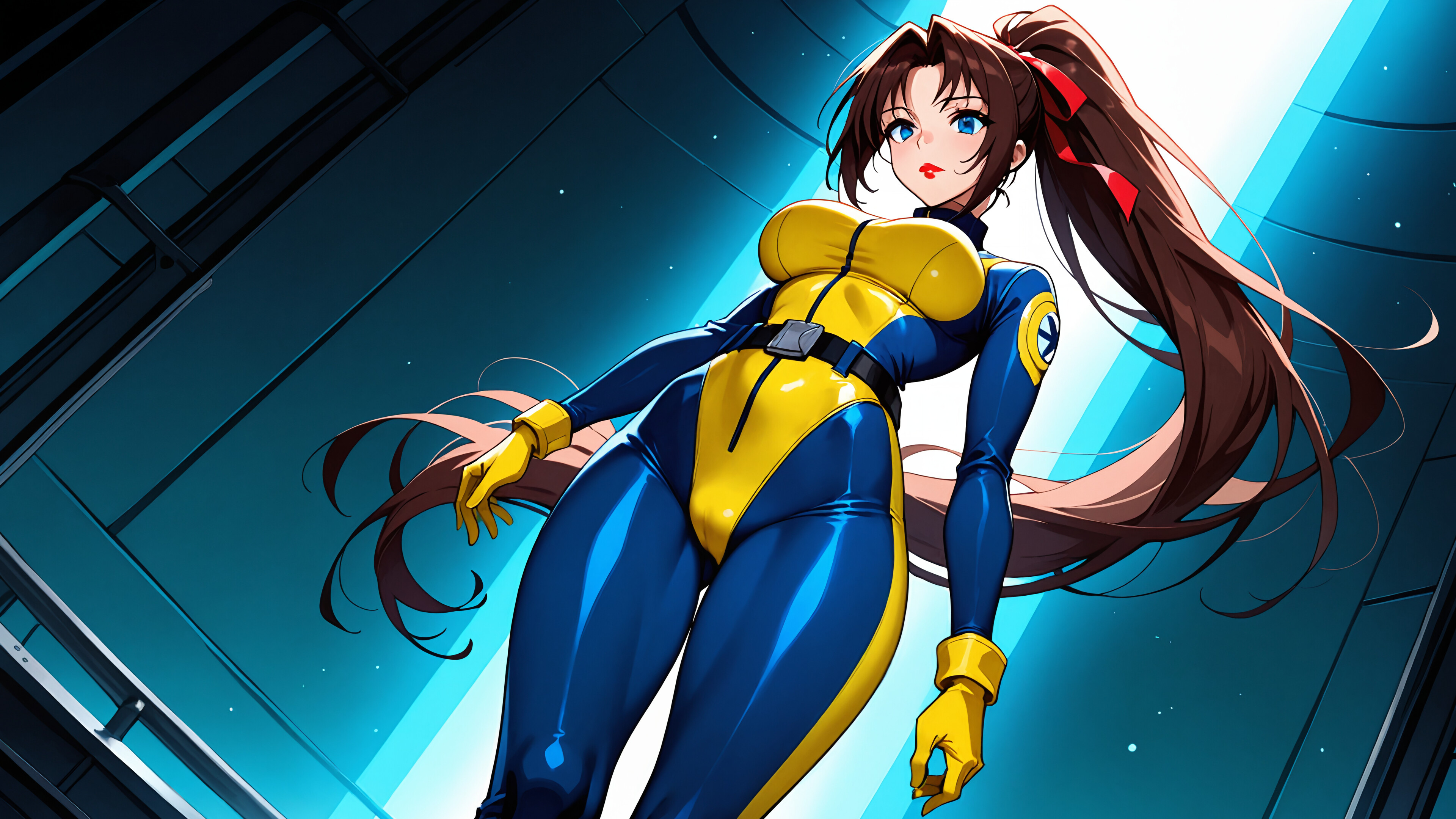 A low-angle view of the X-Men's Jean Grey in her classic blue and yellow training bodysuit, posing confidently with long brown hair in a ponytail.