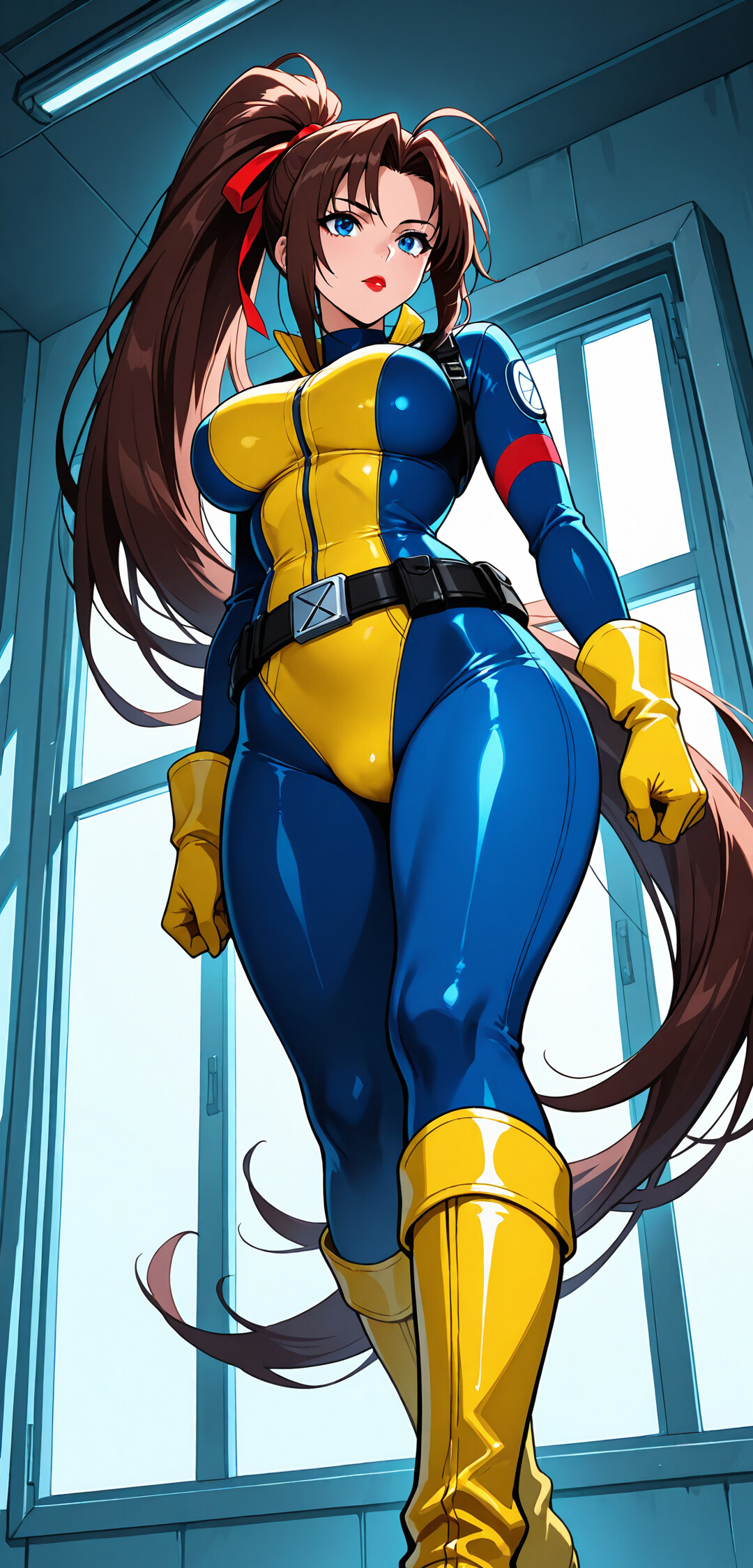 A low-angle view of the X-Men's Jean Grey in her classic blue and yellow training bodysuit, posing confidently with long brown hair in a ponytail.