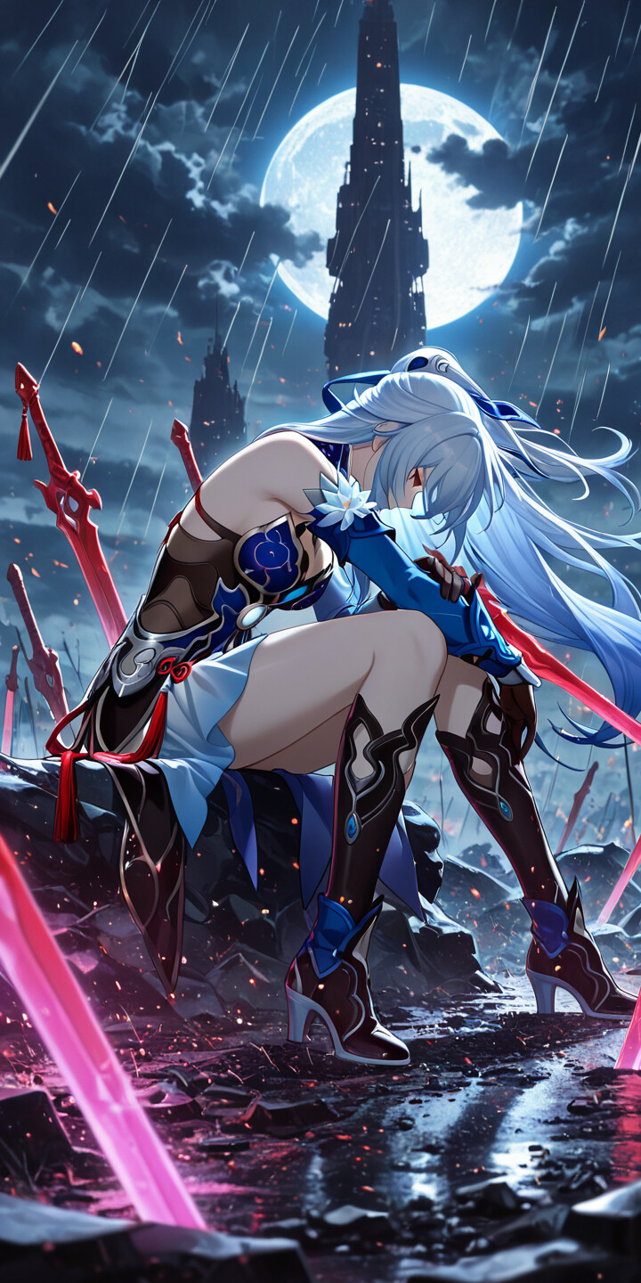 Jingliu from Honkai: Star Rail, a woman with long light-blue hair, sits on a rock on a battlefield at night. A giant red moon hangs in the rainy sky behind her, and multiple swords are stuck in the ground around her.