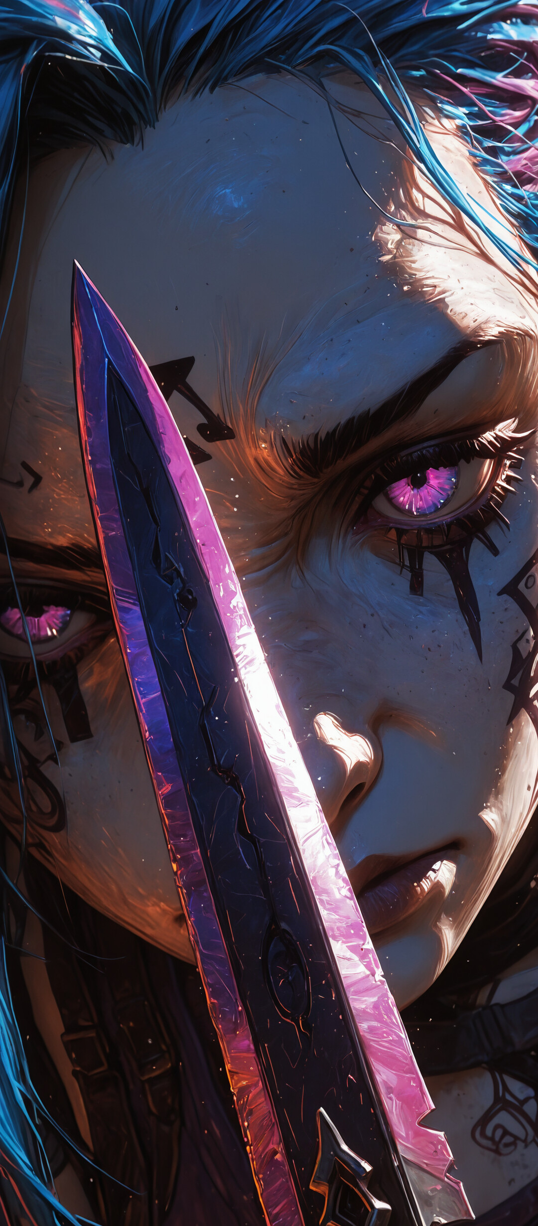 A close-up illustration of Jinx from Arcane, her face partially obscured by a large blade. She has bright blue hair, intense glowing pink eyes, and a determined expression.