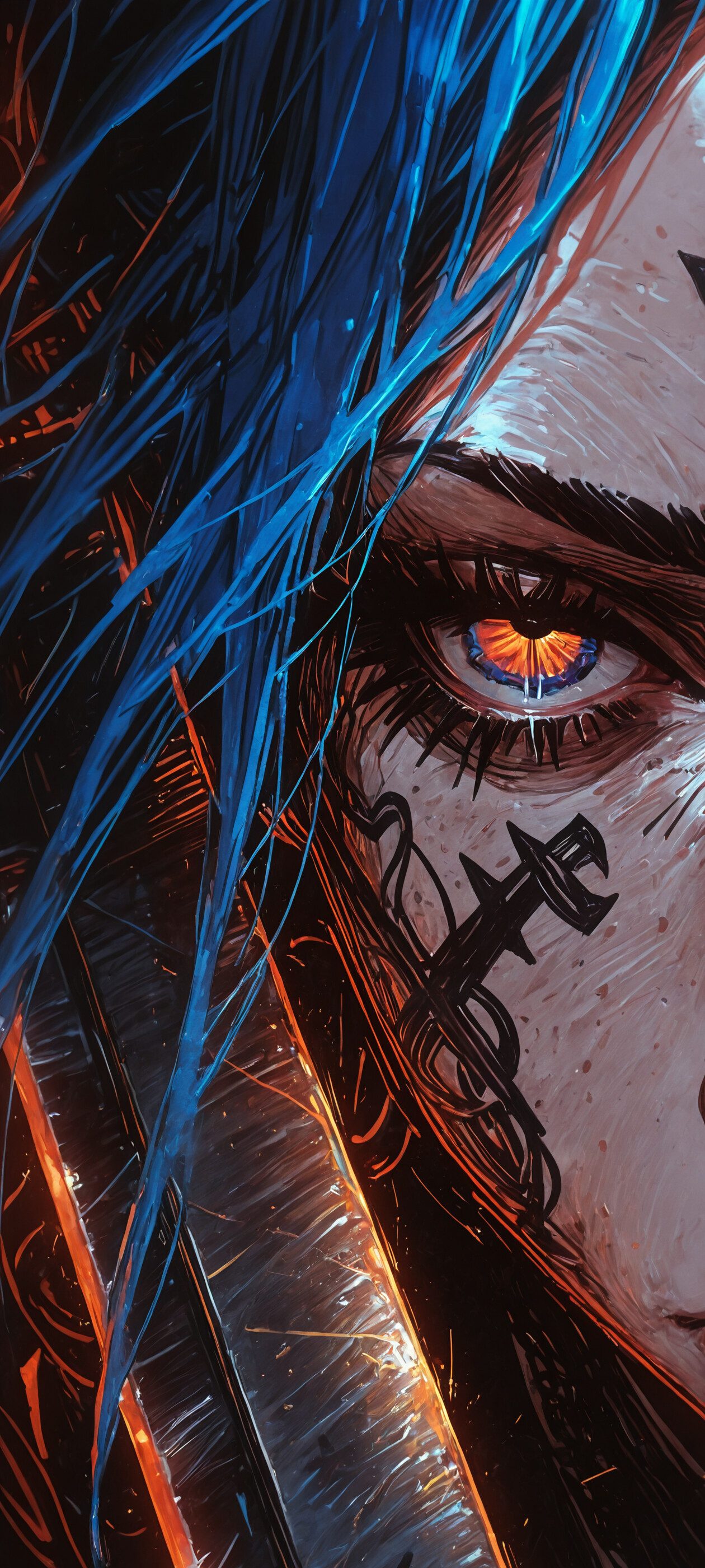 A close-up digital illustration of the left side of Jinx's face from Arcane. She has vibrant blue and purple hair, an intense expression, and glowing magenta eyes. A dark tattoo is visible on her cheek.