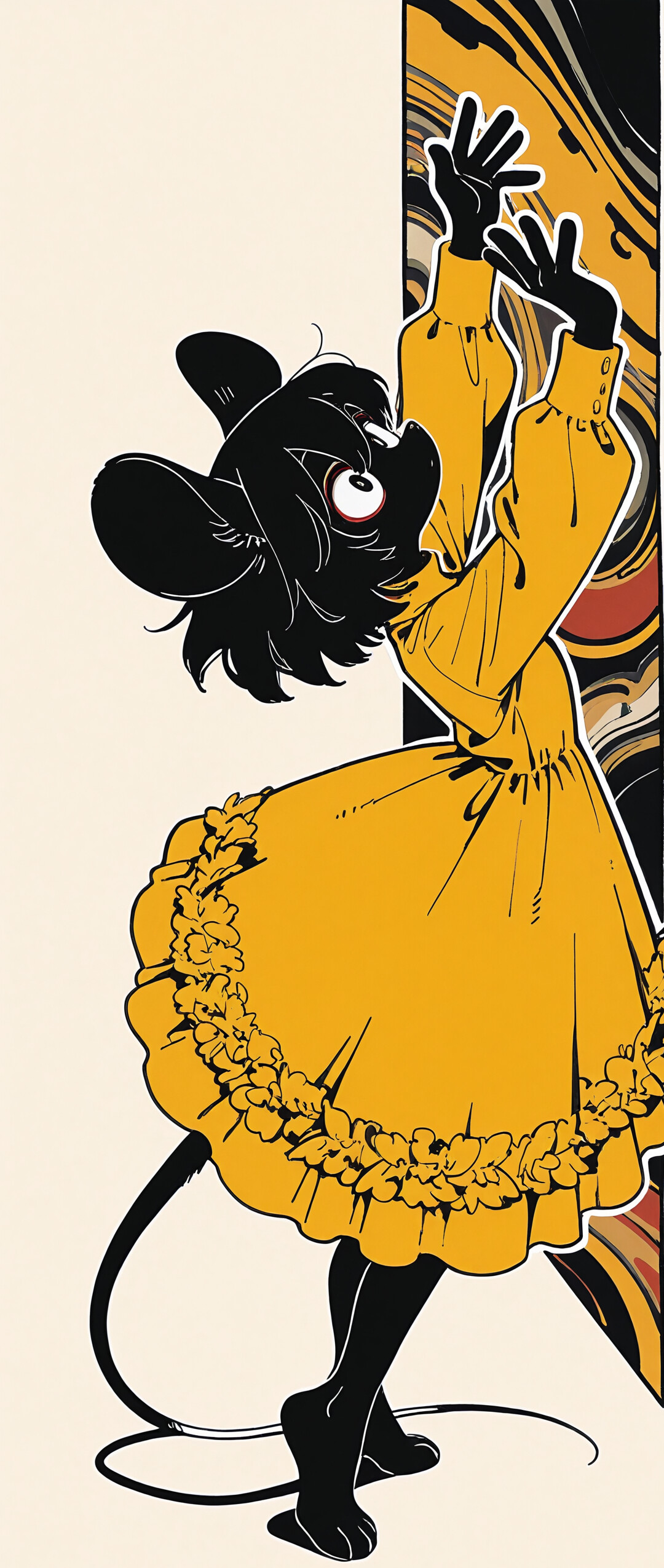 A digital illustration of a cartoonish black mouse girl wearing a flowing yellow dress, dancing against a swirly yellow and cream background.