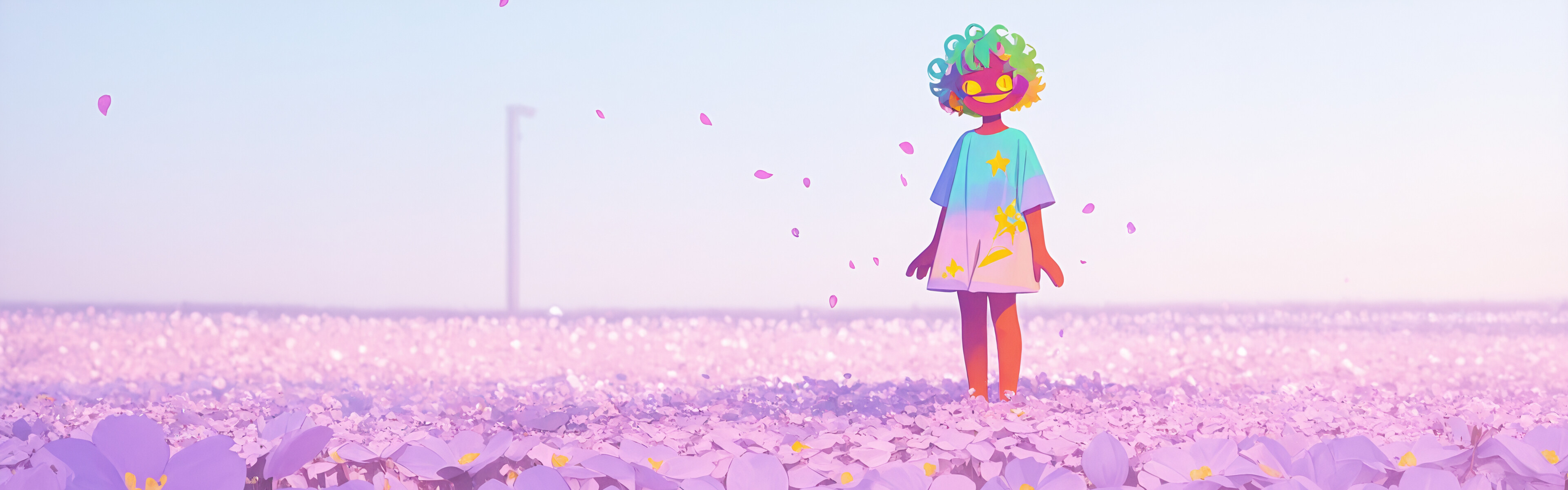 An anime illustration of a happy, tan-skinned character with short, curly green hair and yellow star-shaped eyes, holding a bouquet of pink and white flowers while standing barefoot on a bed of petals.