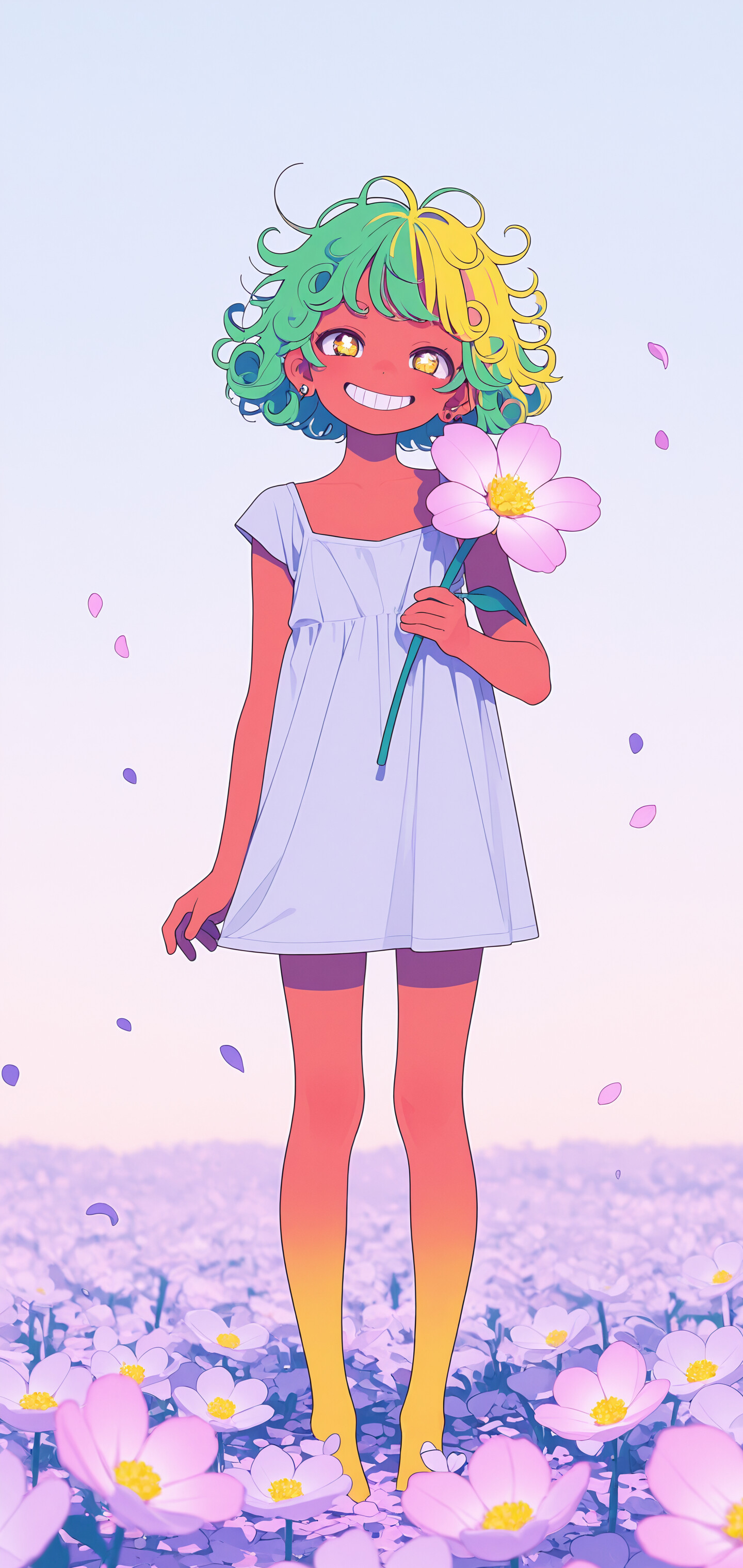 An anime illustration of a happy, tan-skinned character with short, curly green hair and yellow star-shaped eyes, holding a bouquet of pink and white flowers while standing barefoot on a bed of petals.