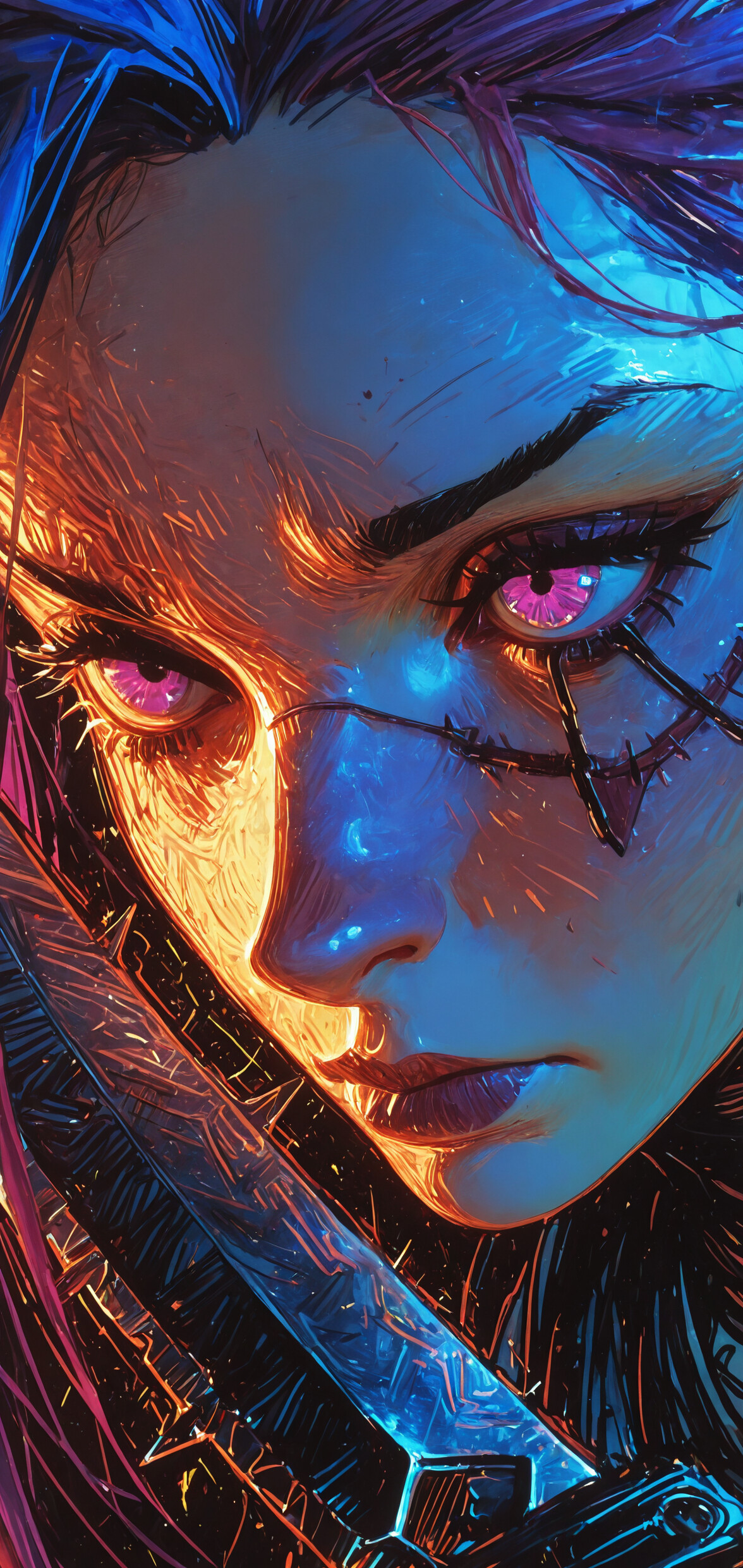 A close-up digital painting of Kai'Sa from League of Legends, a woman with dark hair, pink streaks, and glowing purple eyes, holding a large knife to her face with a determined expression.