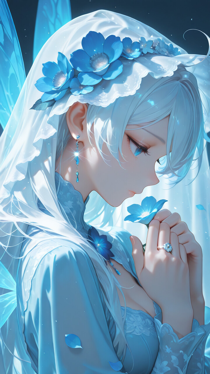 An anime illustration of Kiana Kaslana, a young woman with long white hair and blue eyes. She wears a white veil decorated with blue flowers, a dangling earring, and has blue fairy wings. Her hands are clasped together thoughtfully near her face.