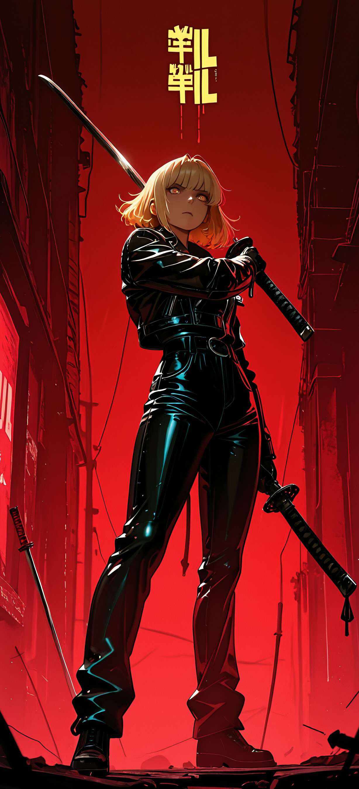 A full-body illustration of a blonde anime woman in a black leather outfit holding a katana. She stands in a low-angle shot against a stark red background, with the text 'KIL BL' at the top.