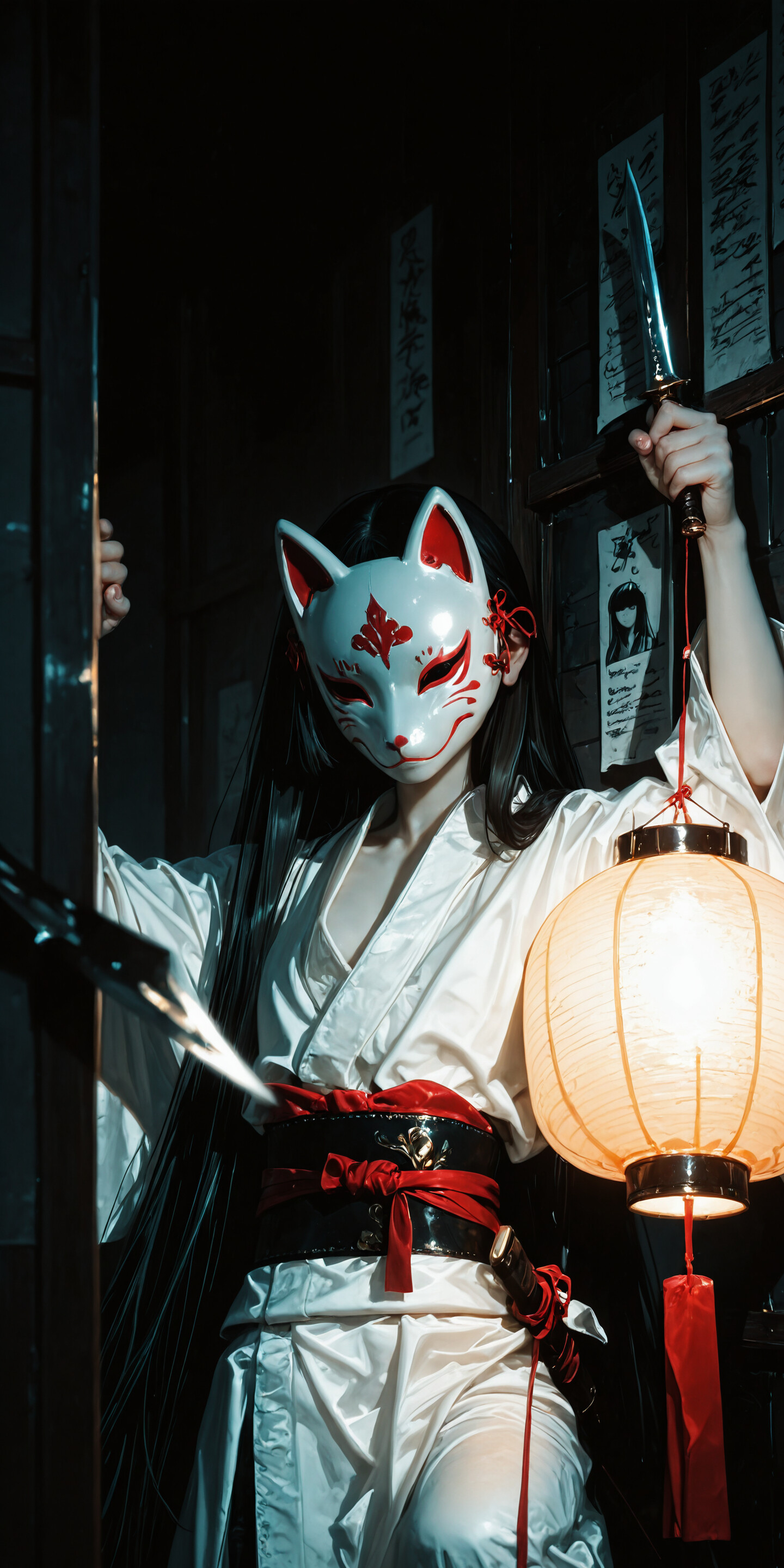 A woman wearing a black and red Japanese fox mask and a white kimono holds a dagger in a dark alley illuminated by hanging paper lanterns.