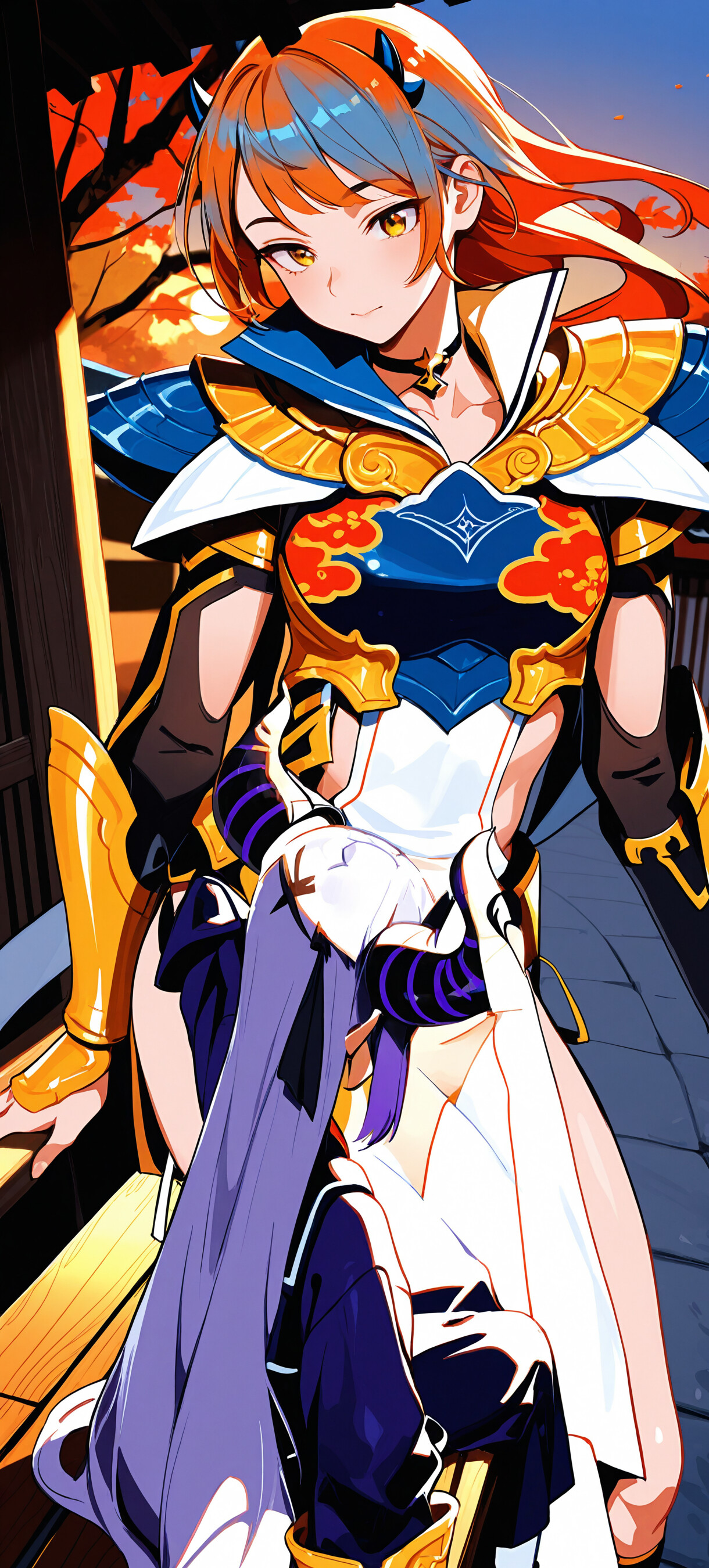 An anime-style illustration of La+ Darknesss from Hololive, a girl with purple hair and large horns, sitting on a wooden veranda in a traditional Japanese setting at sunset, holding a stick of dango.