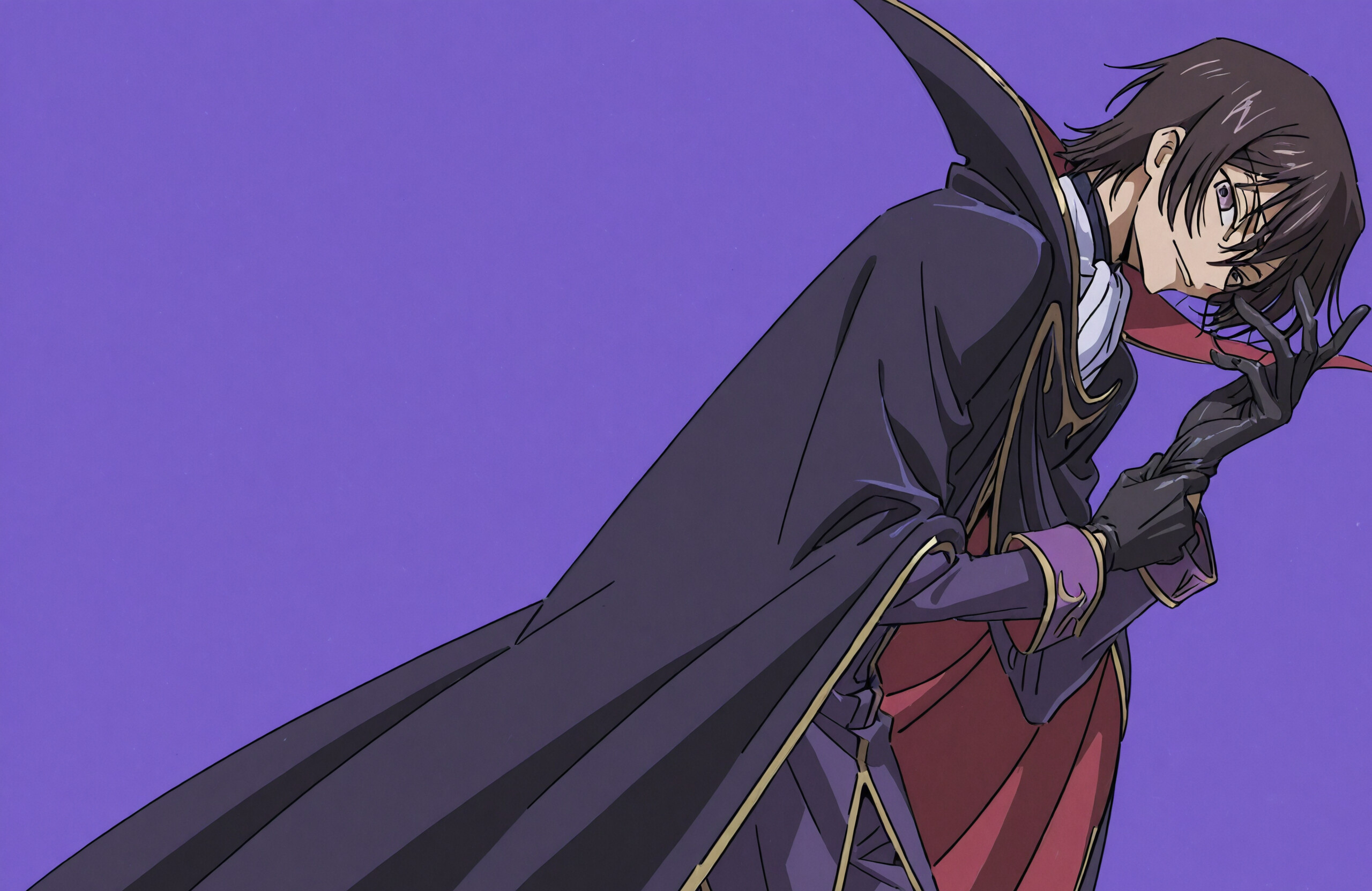 An anime-style illustration of Lelouch Lamperouge from Code Geass as Zero. He has medium-length brown hair and purple eyes, and is wearing his black cloak with a high collar. He is smirking at the camera while pulling on a black glove.