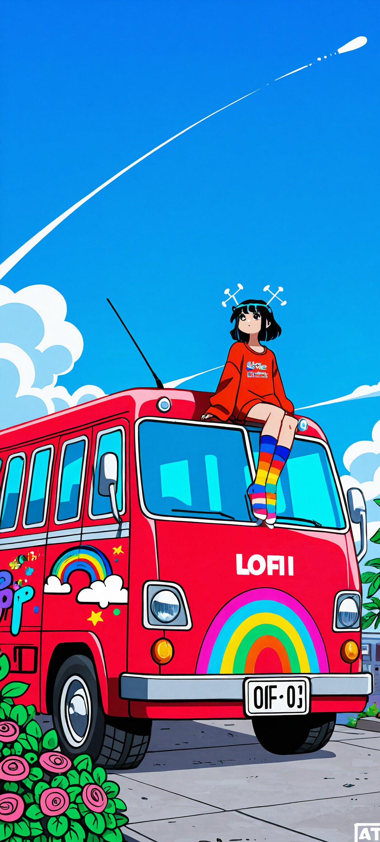 An anime-style girl with short black hair and rainbow socks sits on top of a red van, looking up at a shooting star in a bright blue sky.
