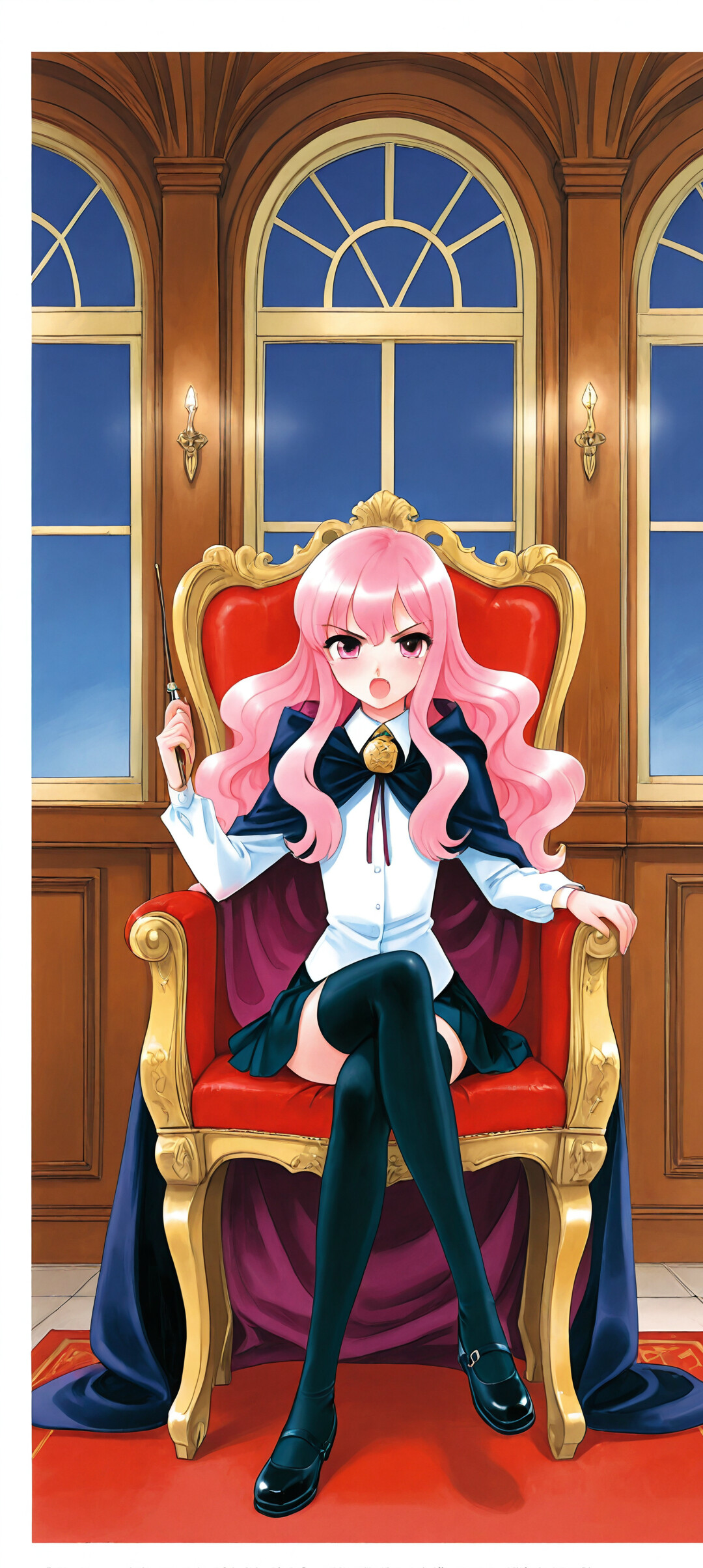 An anime illustration of Louise from The Familiar of Zero, a young girl with long pink hair and a magic wand, sitting on an ornate red throne in front of a window.