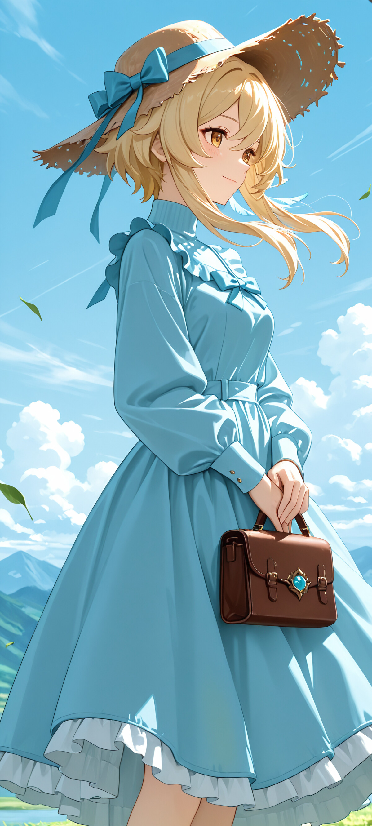 An anime girl with short blonde hair and golden eyes, identified as Lumine from Genshin Impact, stands in a grassy field. She is wearing a light blue prairie dress and a straw hat, and holds a brown handbag. In the background are green mountains and a blue sky.