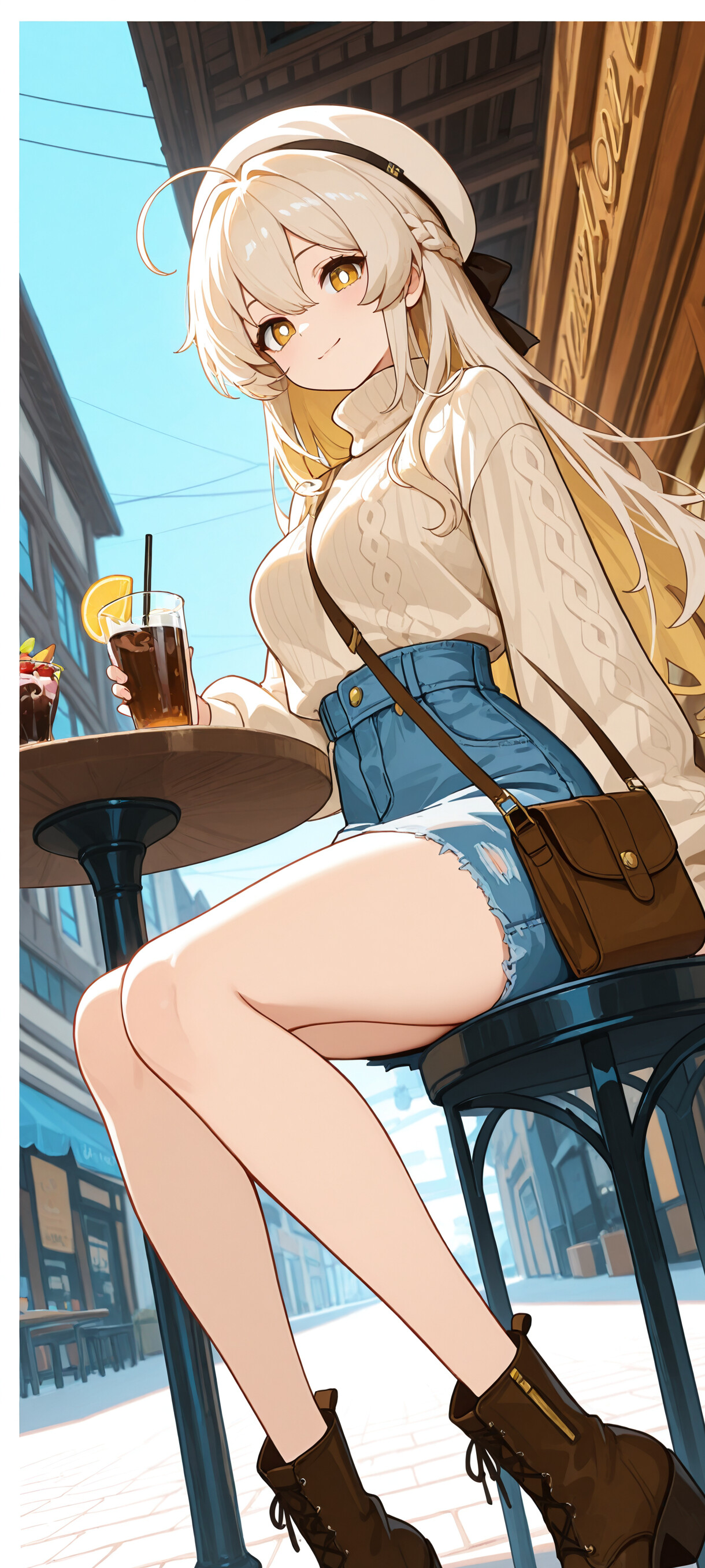 Lumine from Genshin Impact, a beautiful anime girl with long blonde hair, sitting on a city bench in a casual outfit with a sweater and denim shorts, smiling while holding an iced coffee.