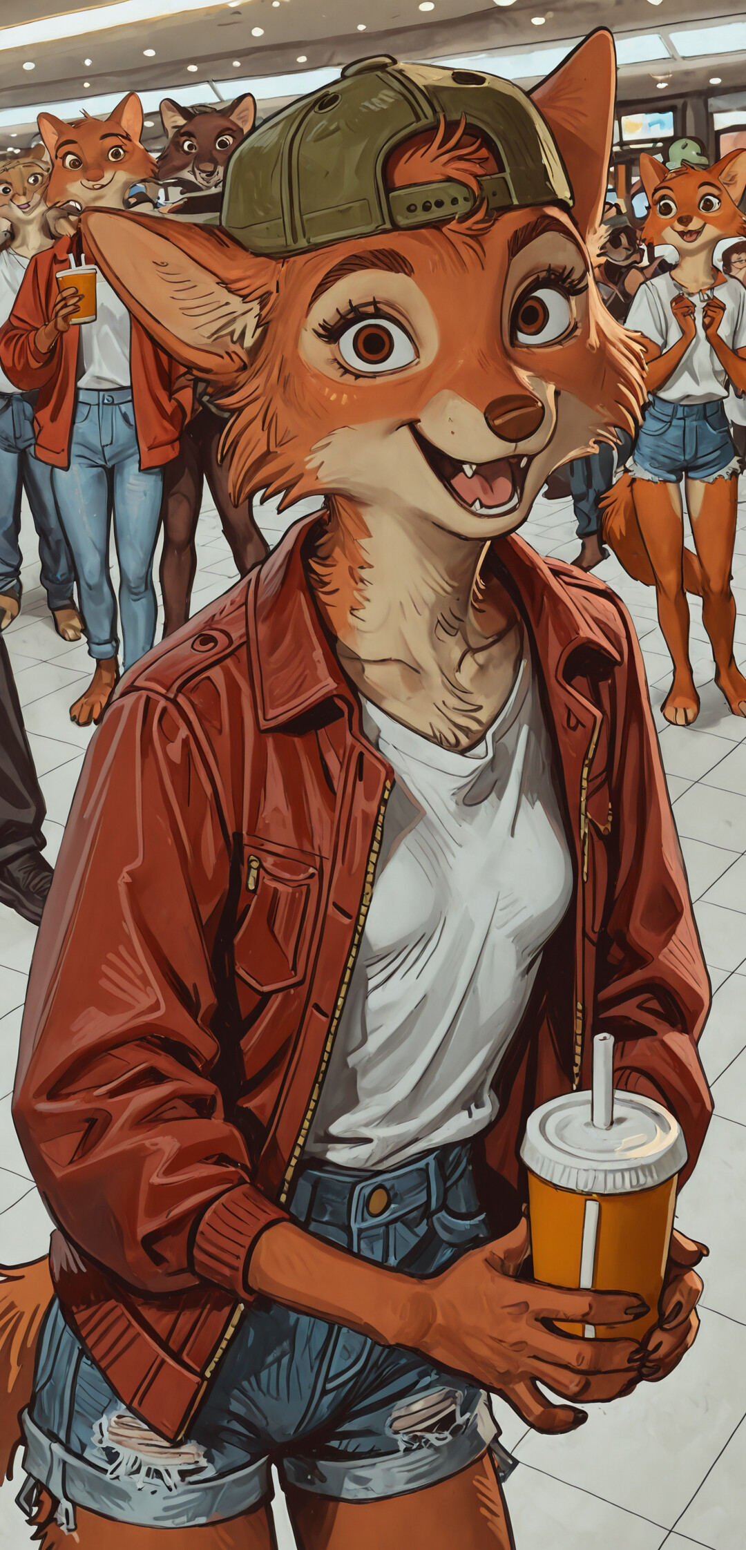 A full-length illustration of the anthropomorphic fox Maid Marian from Robin Hood in a 1980s themed outfit. She wears a red jacket, denim shorts, and a backwards green cap, smiling while holding a drink in a crowded shopping mall.