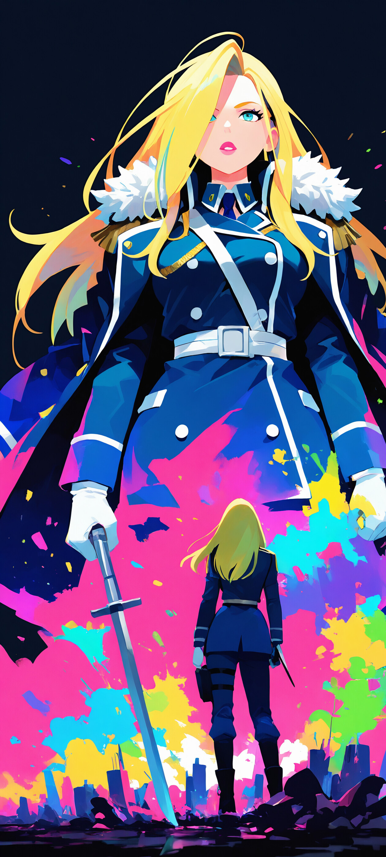 An anime-style illustration of Olivier Mira Armstrong from Fullmetal Alchemist. She is a woman with long blonde hair and green eyes, wearing a blue military uniform. She stands in a powerful pose with her hand on her hip, looking down at the viewer against a dark background with colorful paint splatters.