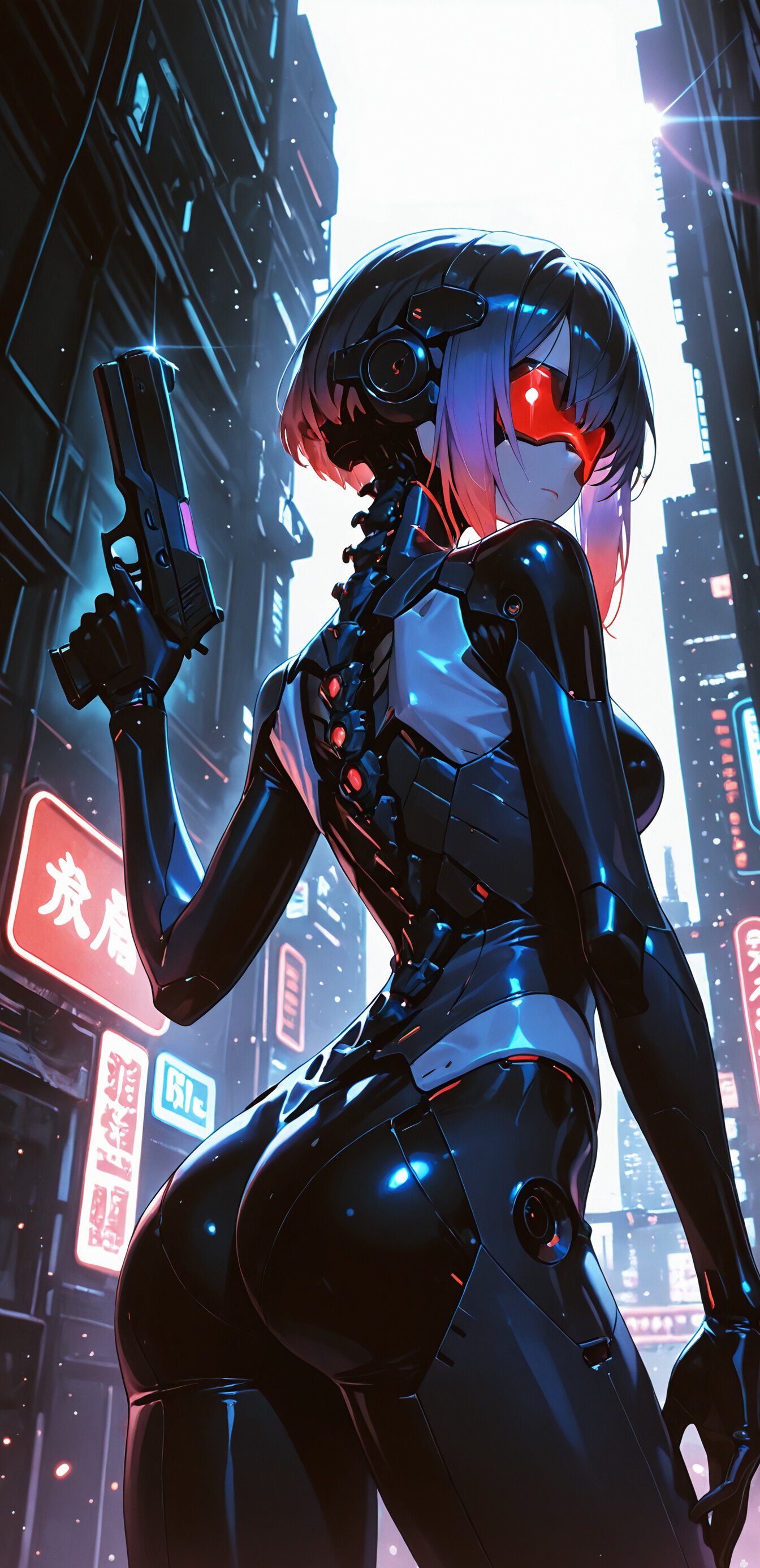 An anime-style illustration of the cyborg Motoko Kusanagi from Ghost in the Shell. She has short purple hair, a red visor, and is wearing a black cybernetic suit with an exposed mechanical spine. She holds a handgun, looking over her shoulder in a futuristic city at night filled with neon signs.