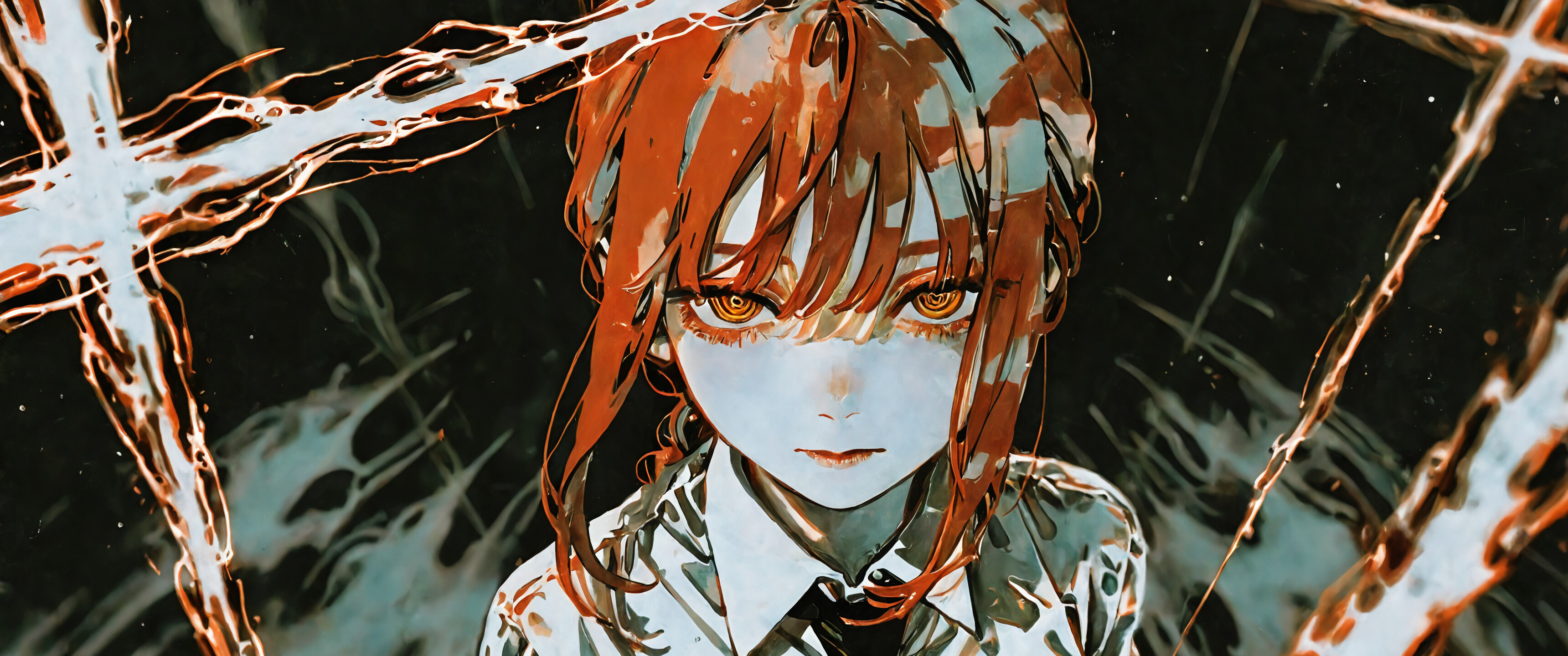A digital painting of Makima from Chainsaw Man, a young woman with light-red hair and glowing golden eyes. She is wearing a white shirt and black tie, looking at the viewer with a serious expression against a dark background with a swirling orange aura.