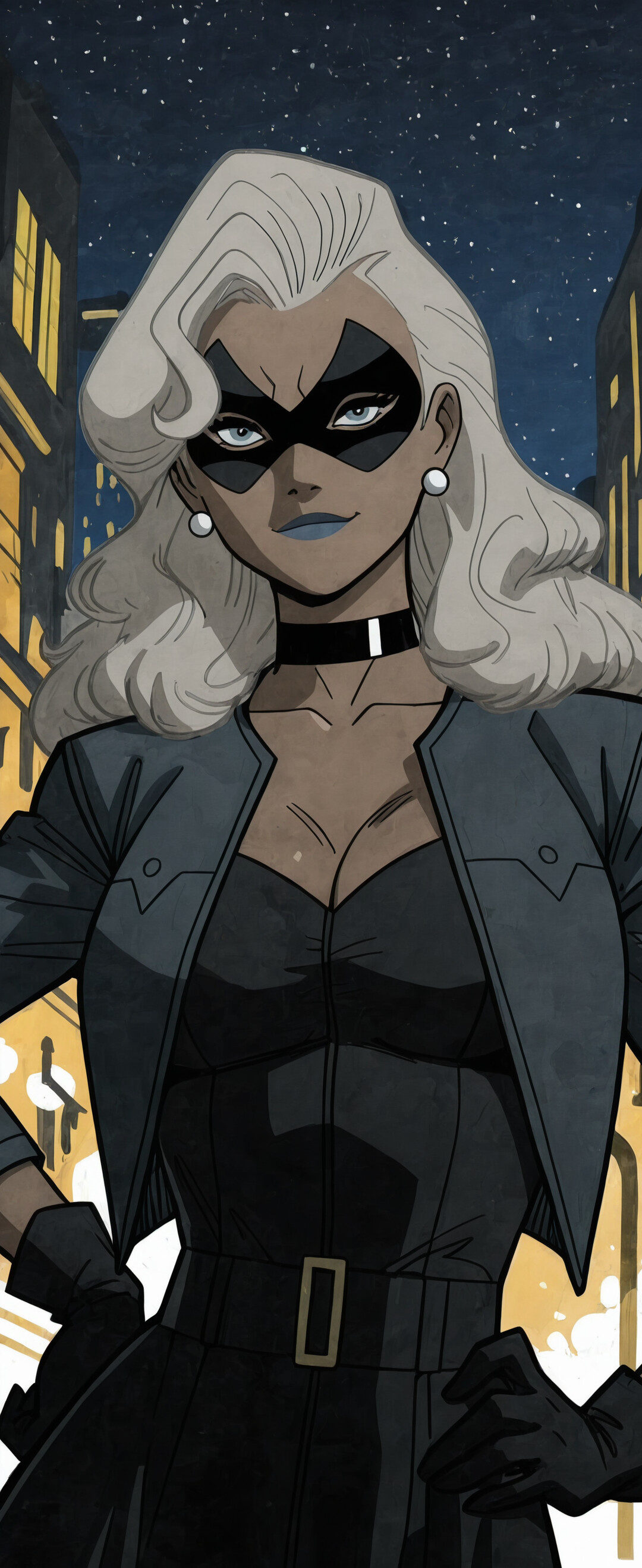 A comic book style illustration of a dark-skinned woman as Marvel's Black Cat, featuring white hair, a black mask, and a black outfit. She is smirking and posing with a hand on her hip on a city street at night.
