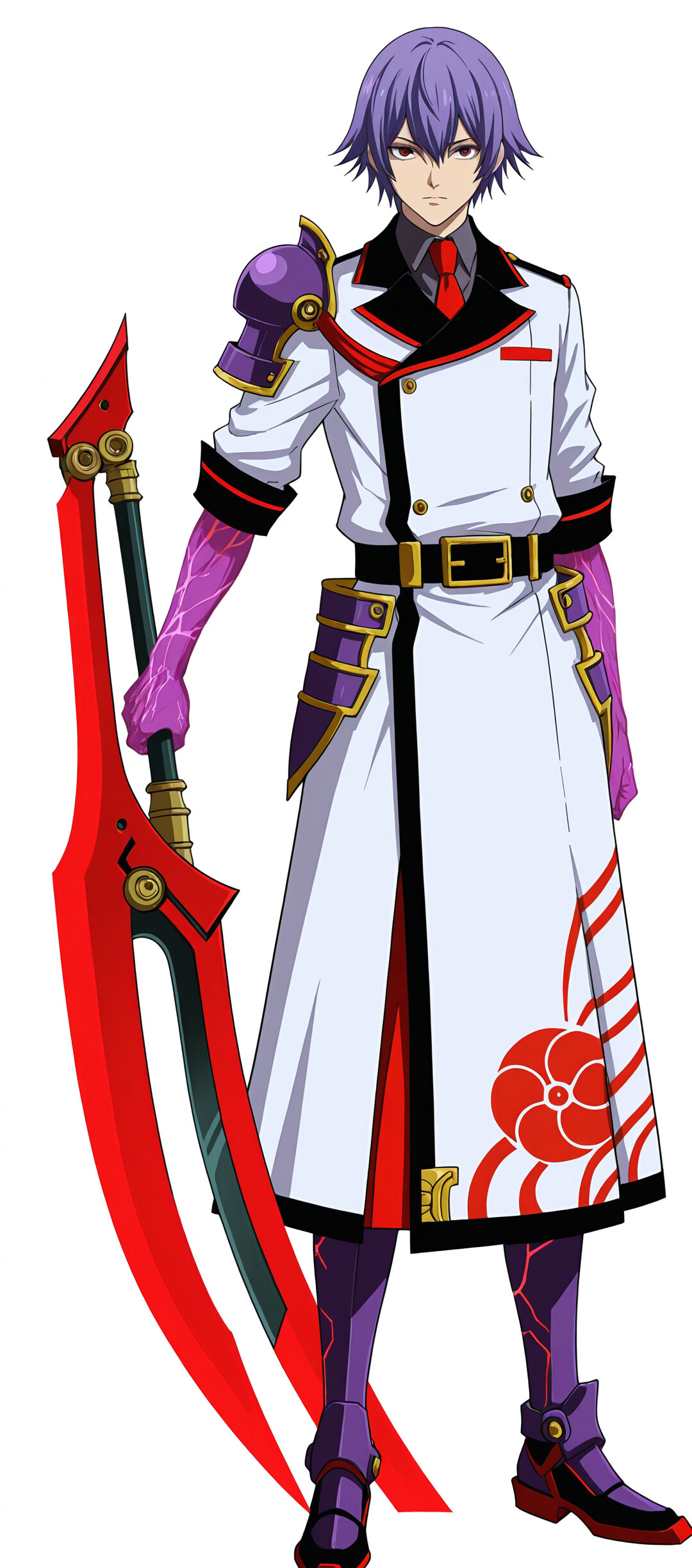 Full-body artwork of the video game character Mcburn from Trails of Cold Steel. The purple-haired man wears a white overcoat and grey suit, holding a large red and gold sword and a black scabbard against a plain white background.