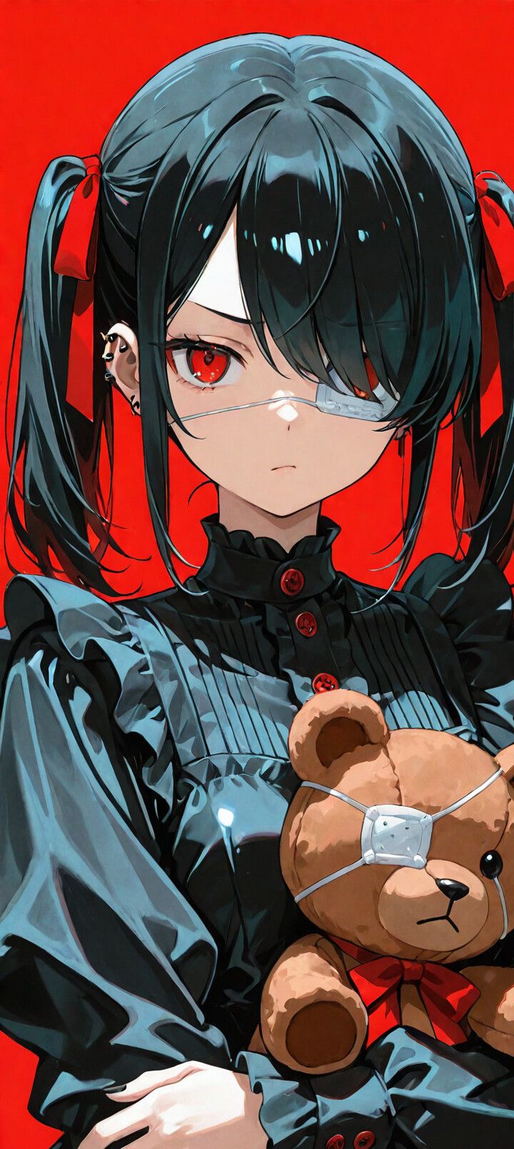 An anime girl with black twintails, red eyes, and an eyepatch, identified as Mei Misaki from 'Another', holding a teddy bear that also has an eyepatch, against a red background.