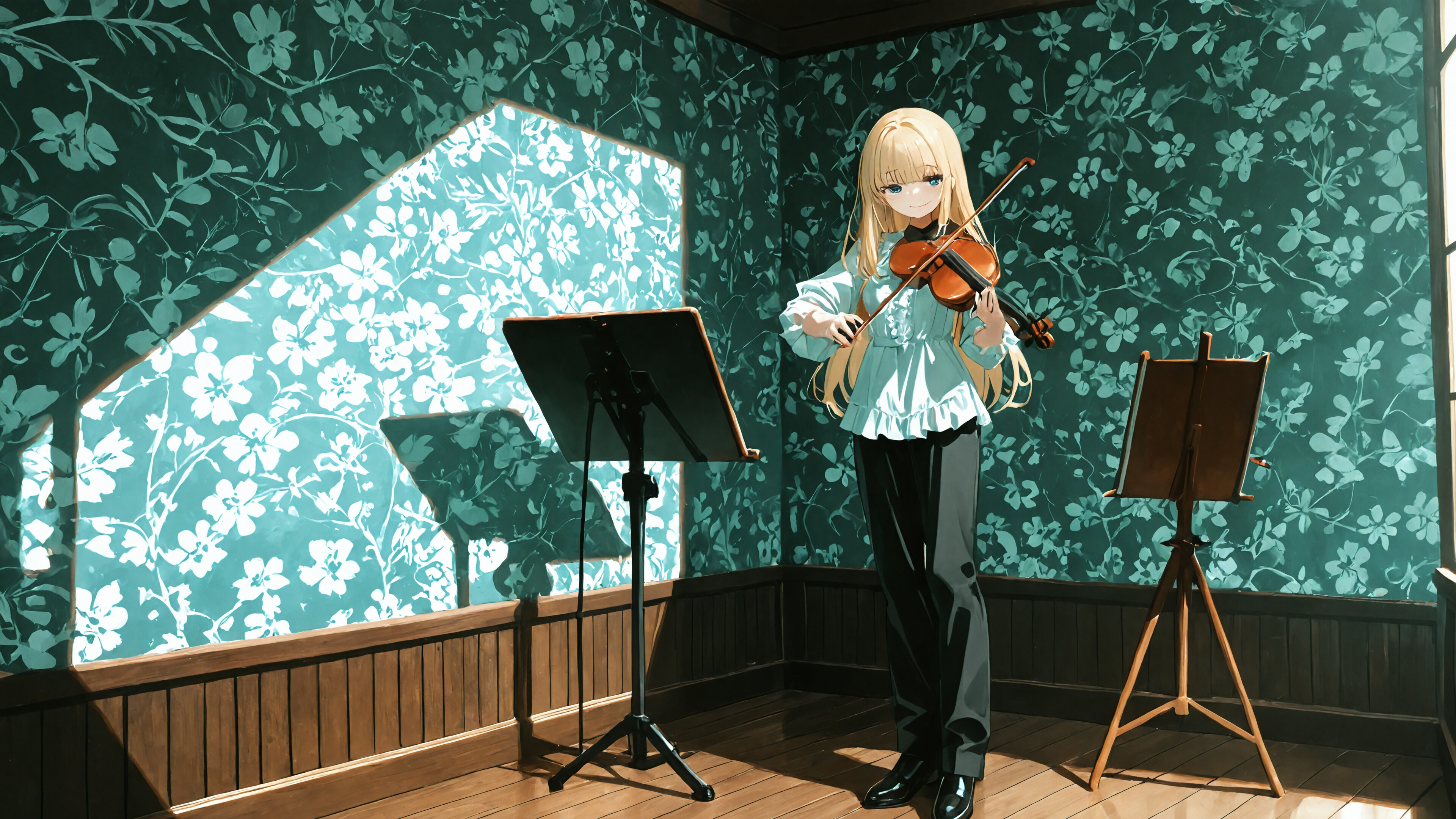 An anime girl with long blonde hair and blue eyes playing the violin in a room with blue floral wallpaper, with sunlight streaming in from a large window.