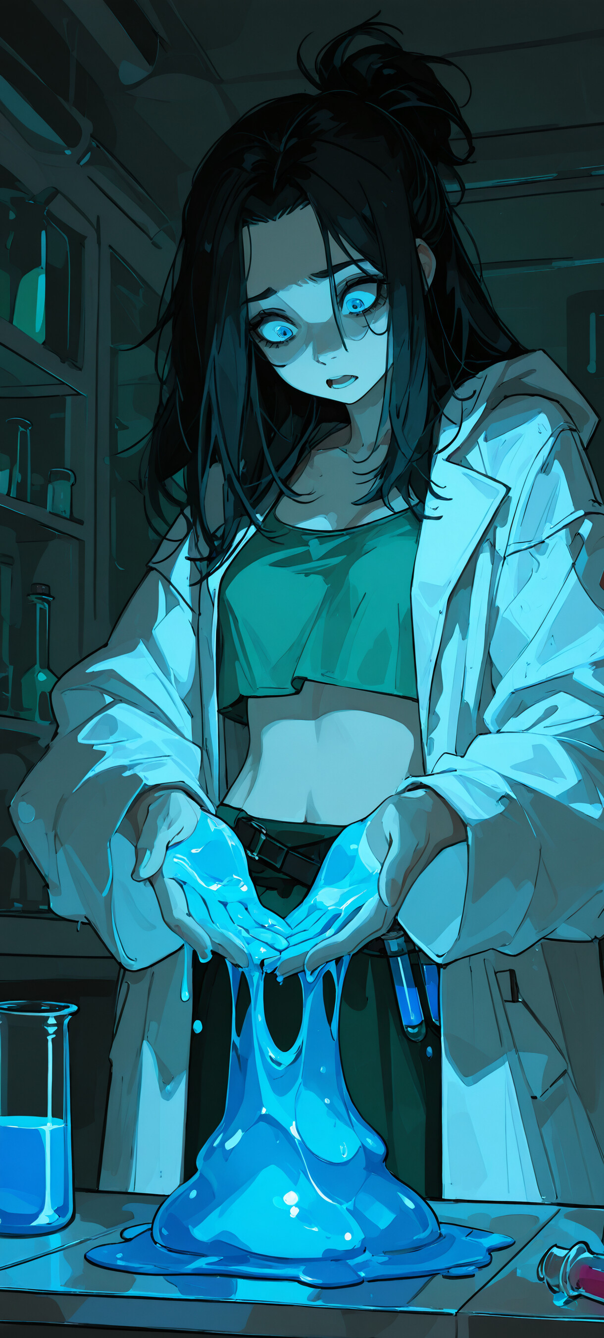 An anime-style illustration of a young, dark-haired woman in a lab coat looking in horror at a glowing blue slime she is holding in her hands within a dark chemical laboratory.