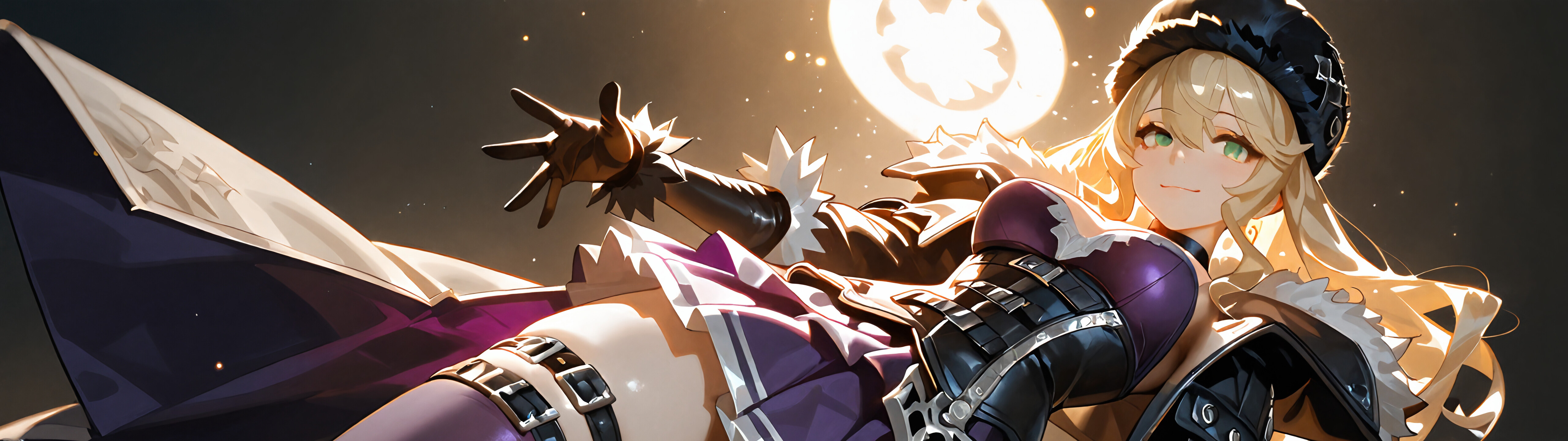 A full-body illustration of Mia Karnstein from Code Vein, a blonde woman with green eyes, smiling down at the viewer. She wears a purple dress, a black leather corset, a heavy black coat with fur trim, and a black fur hat.