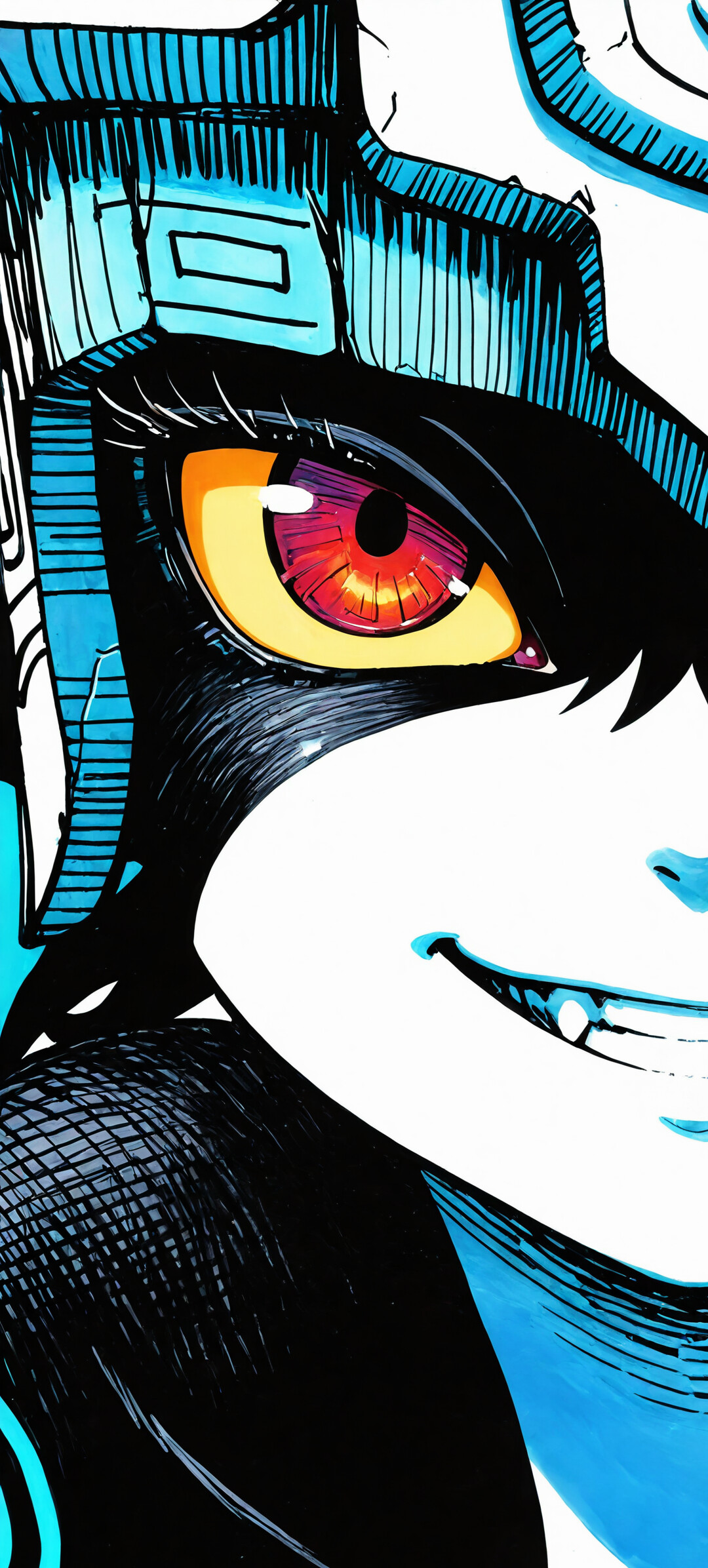 A close-up, stylized color sketch of Midna from The Legend of Zelda: Twilight Princess. She is looking at the viewer with a wide, toothy grin and her large, vibrant red and orange eye is the main focus. The artwork features heavy blue and black linear hatching.