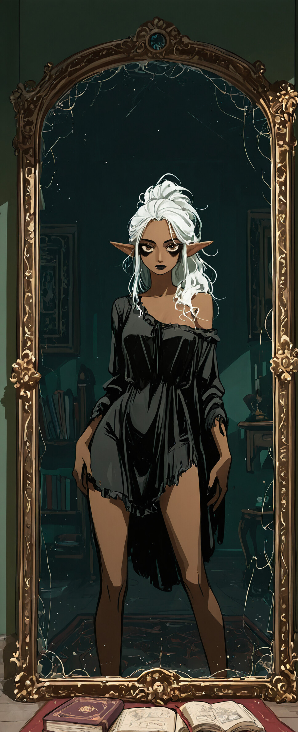 A digital illustration of a dark-skinned elf with messy white hair looking into an ornate, gold-framed mirror. She wears a white nightgown and stands in a dimly lit room with books and a candle.