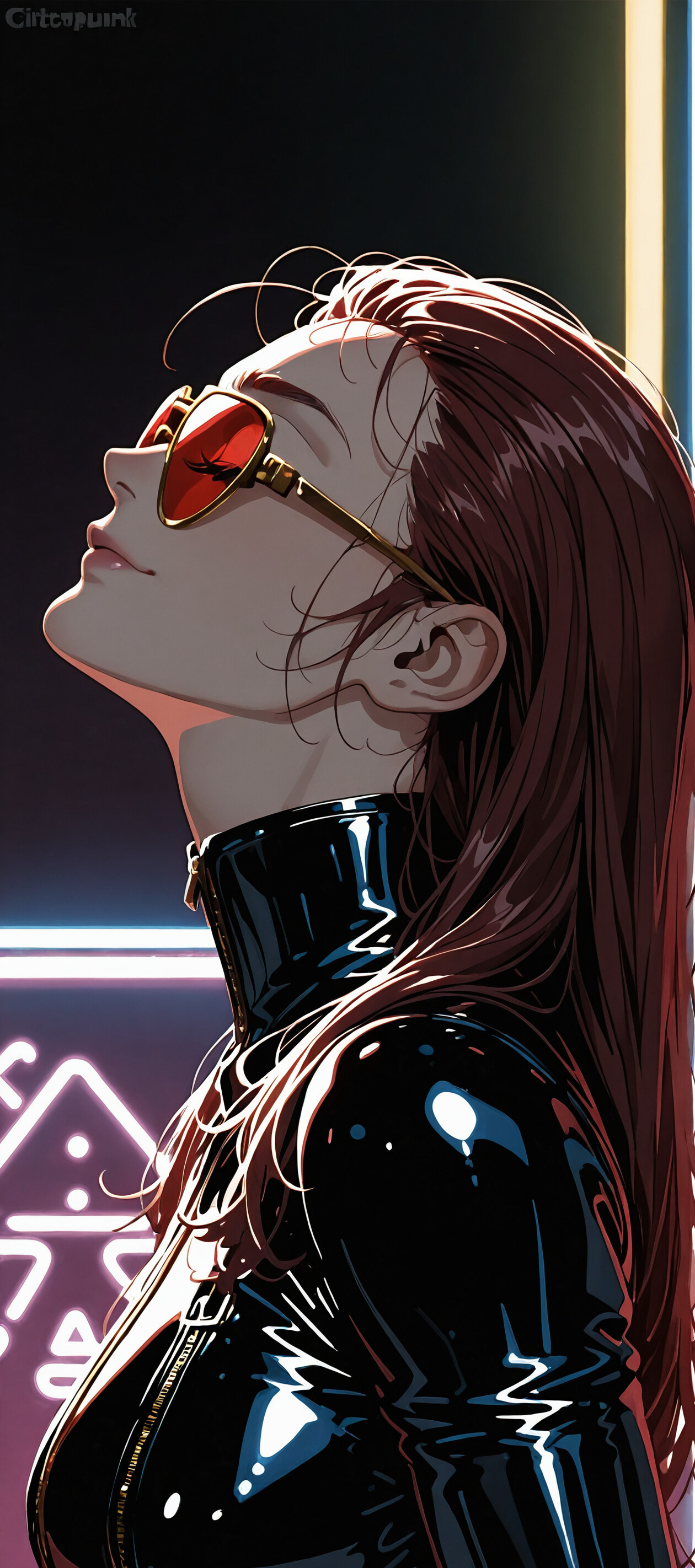 A side-profile anime illustration of a woman with long burgundy hair, wearing a shiny black latex bodysuit and red sunglasses. She is looking up against a dark urban background illuminated by orange neon lights.