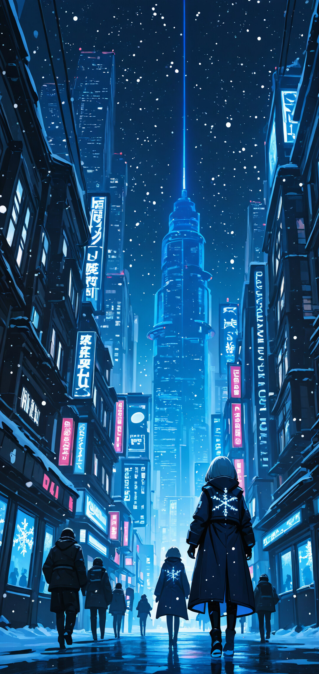A digital painting of a snowy, futuristic city street at night. Two people in winter coats are walking away from the viewer down a wet road flanked by buildings with glowing blue and purple neon signs.