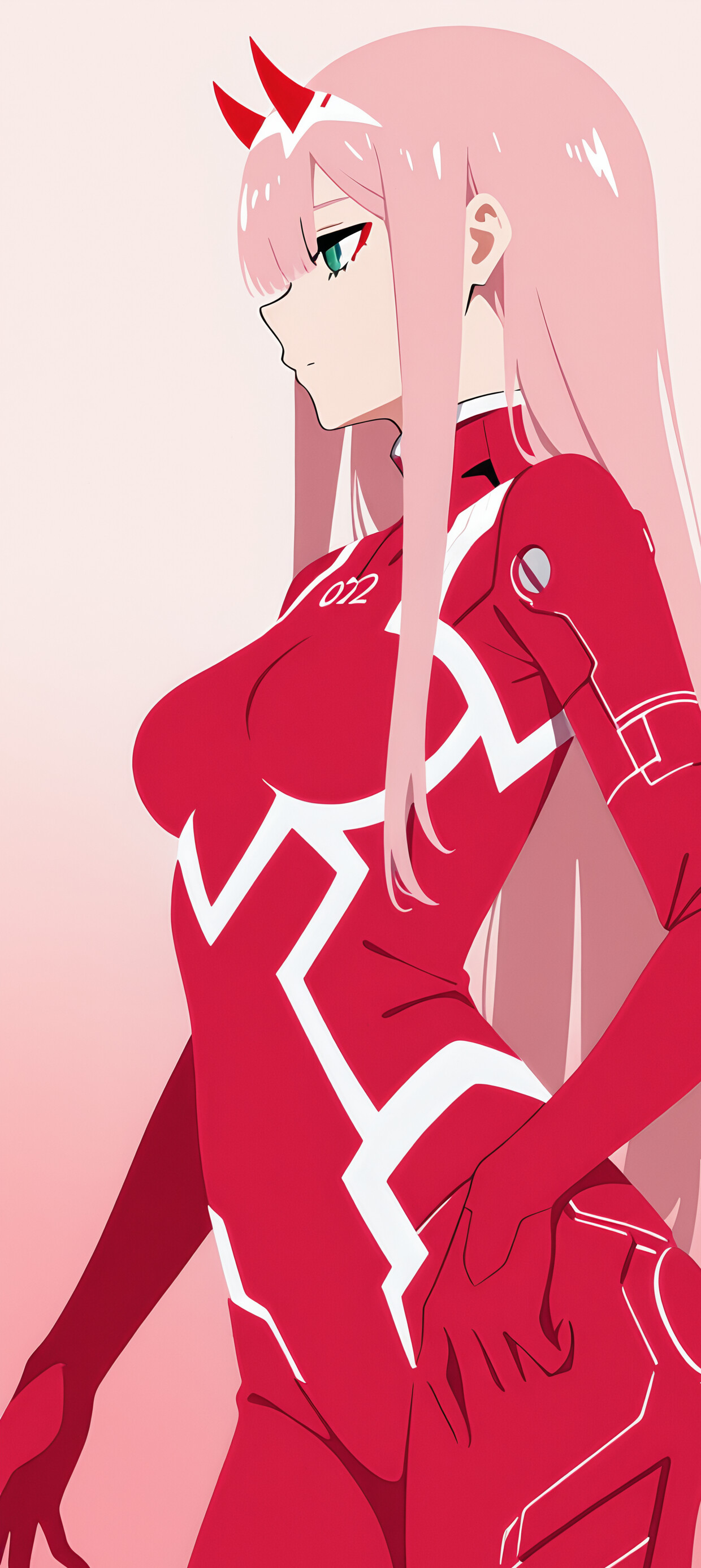 A minimalist side-profile illustration of the anime character Zero Two. She has long pink hair, red horns, and a red suit. Her face and body are a dark silhouette against a pink and blue gradient background.